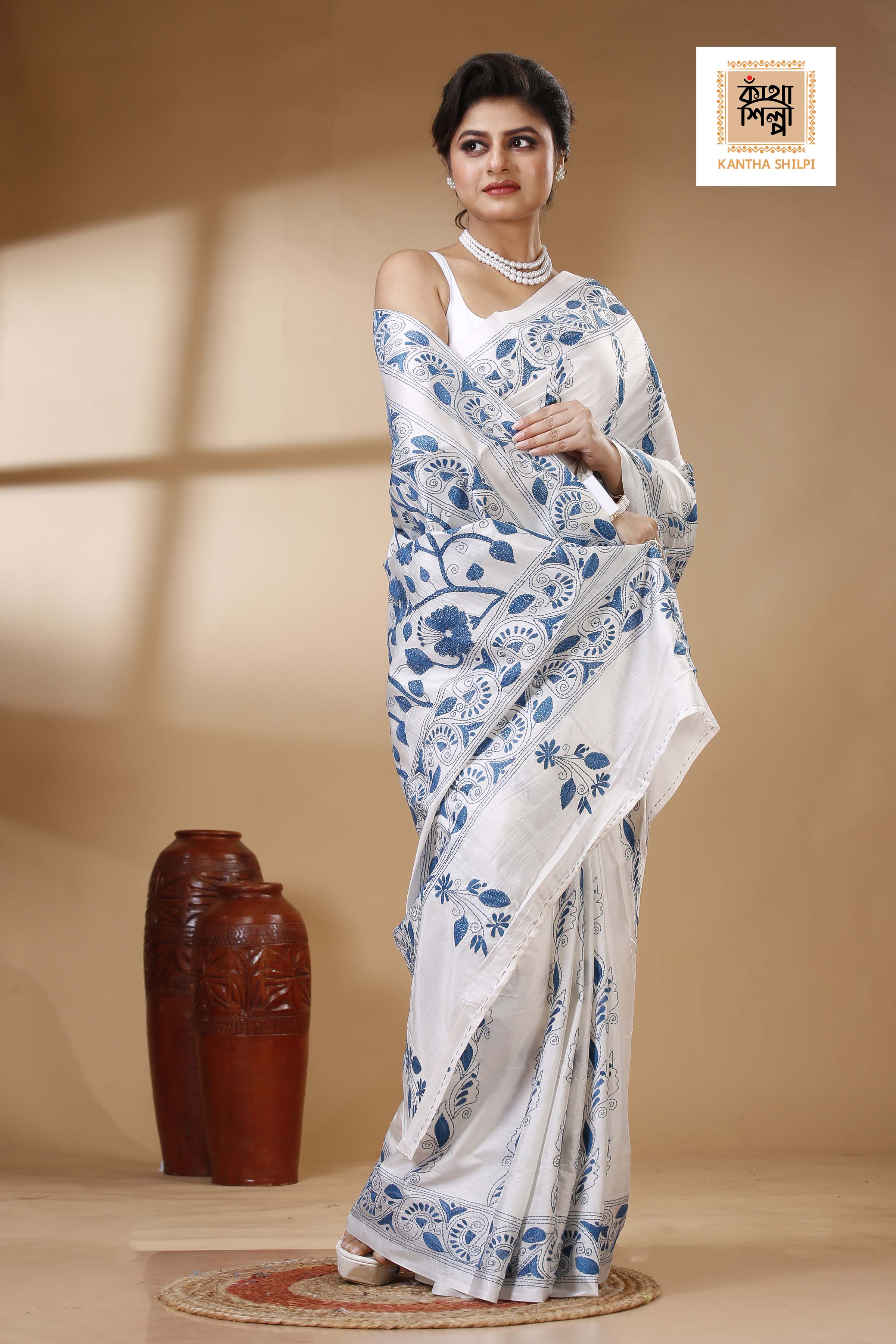 White Color Bangalore Silk Dusty Blue color Thread Work Kantha Stitch Saree