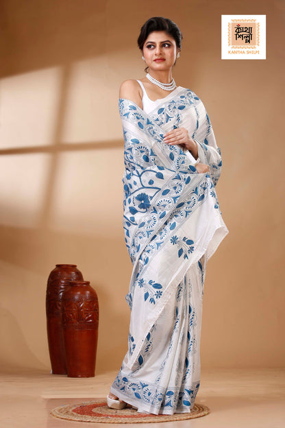 White Color Bangalore Silk Dusty Blue color Thread Work Kantha Stitch Saree