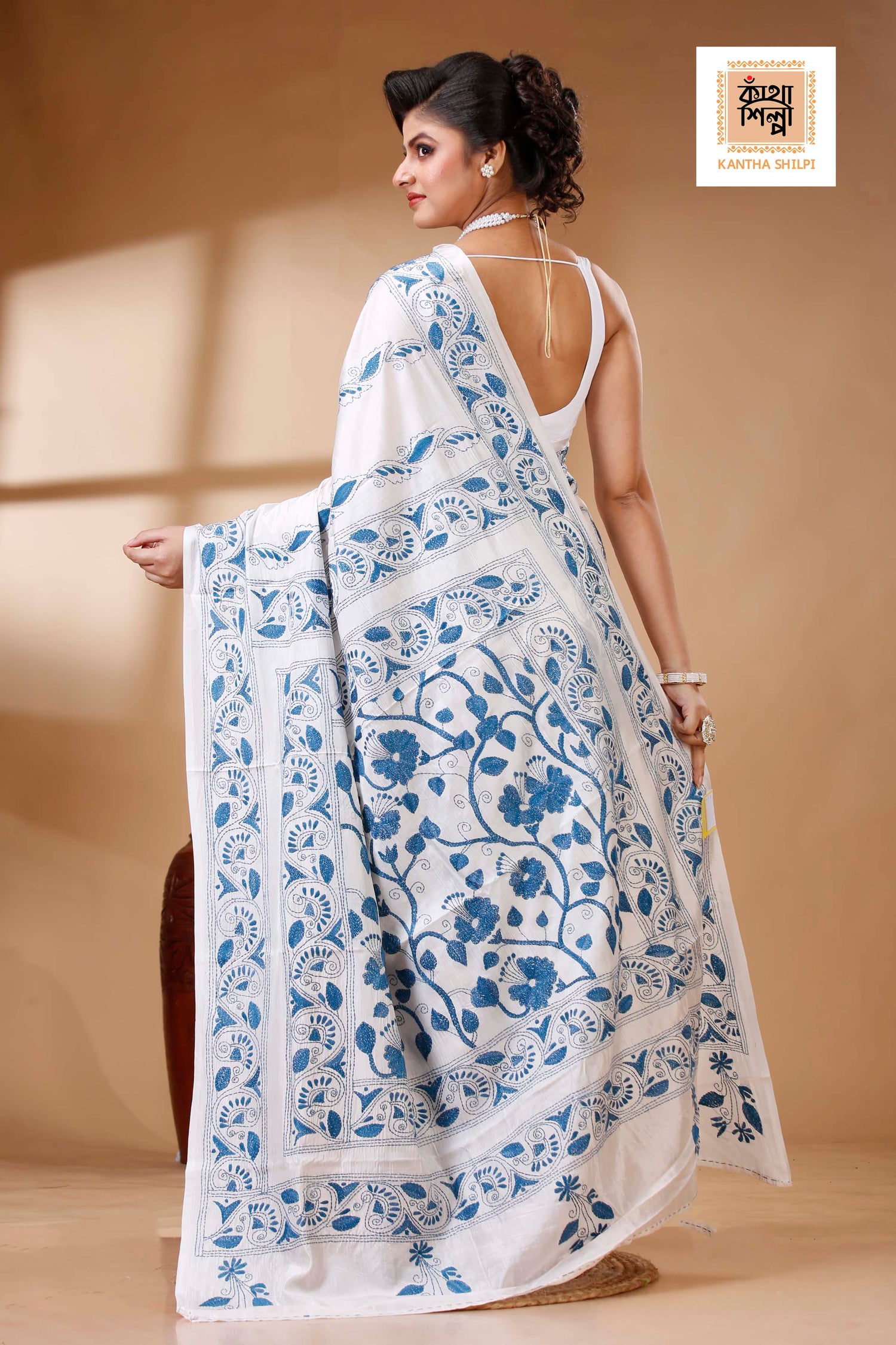 White Color Bangalore Silk Dusty Blue color Thread Work Kantha Stitch Saree