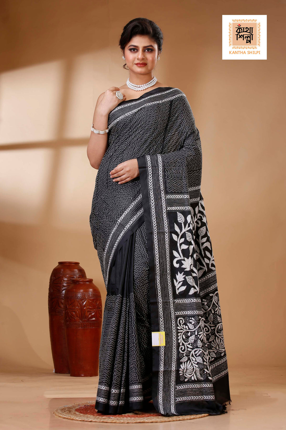 Black Color Bangalore Silk White color Thread Work Kantha Stitch Saree