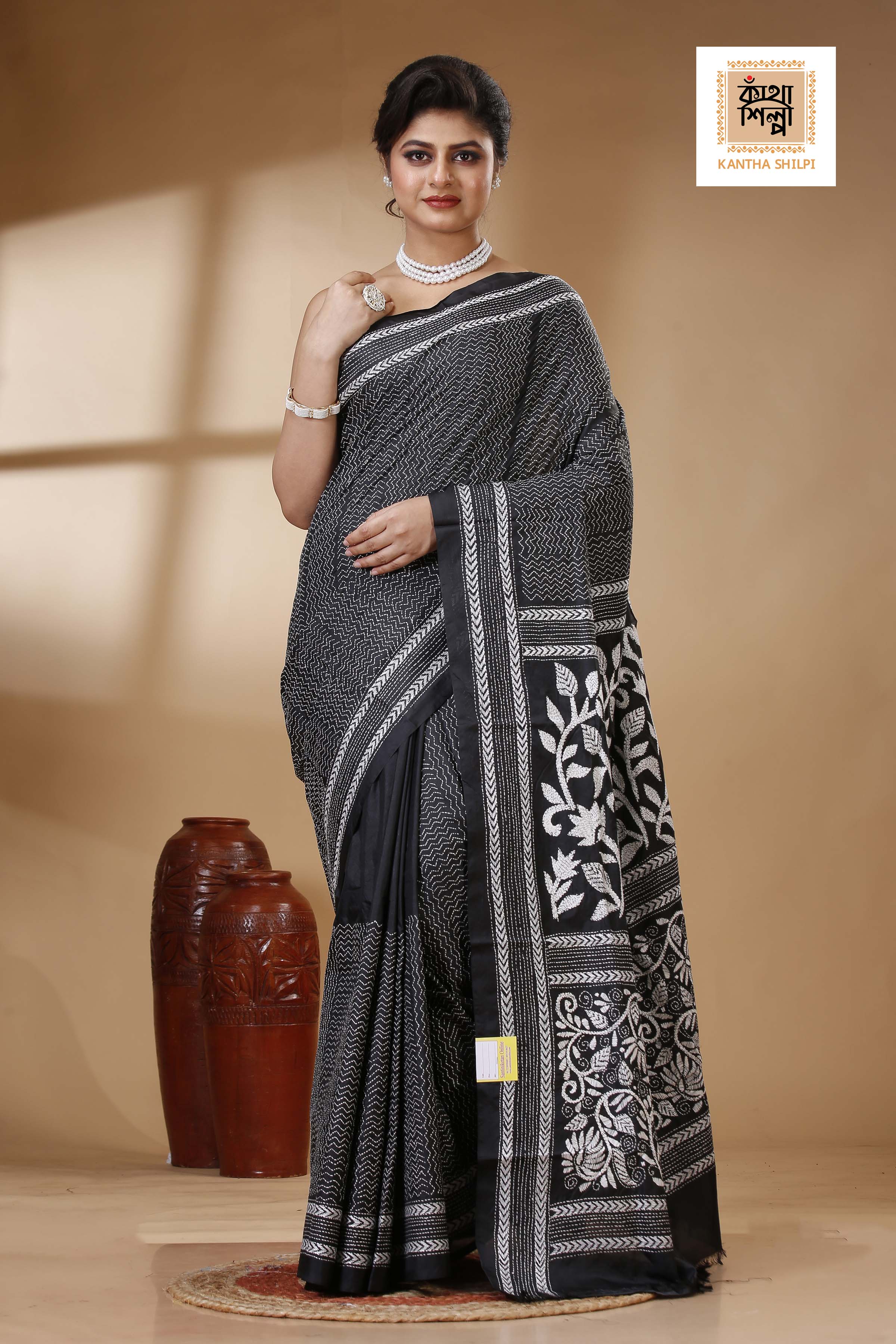 Black Color Bangalore Silk White color Thread Work Kantha Stitch Saree