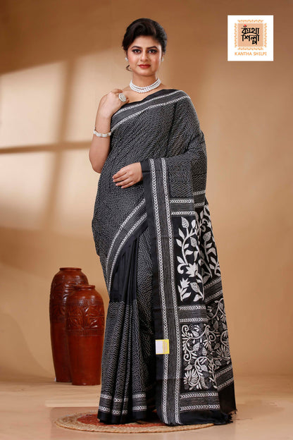 Black Color Bangalore Silk White color Thread Work Kantha Stitch Saree