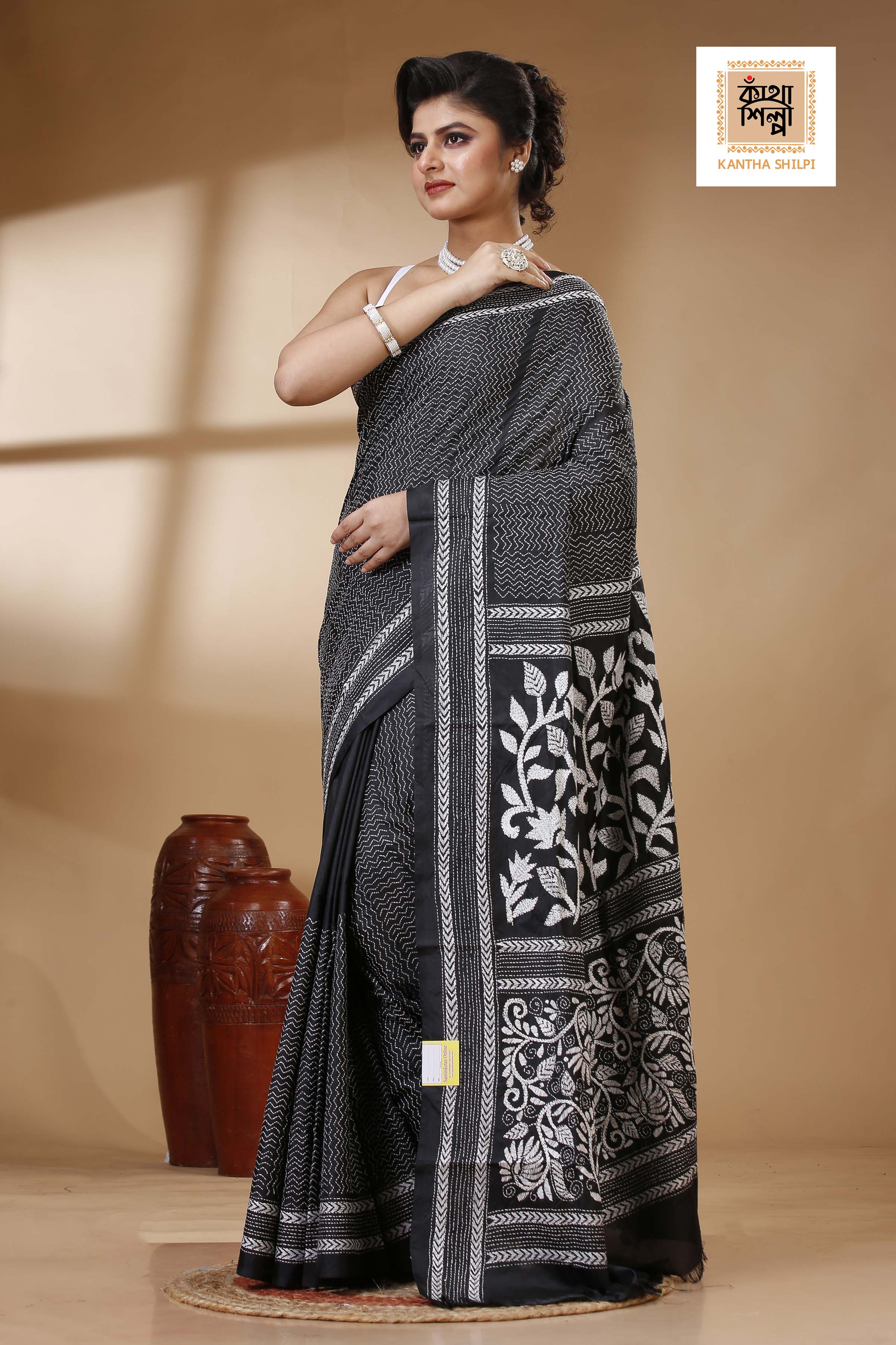 Black Color Bangalore Silk White color Thread Work Kantha Stitch Saree