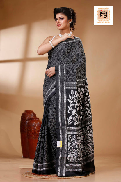 Black Color Bangalore Silk White color Thread Work Kantha Stitch Saree