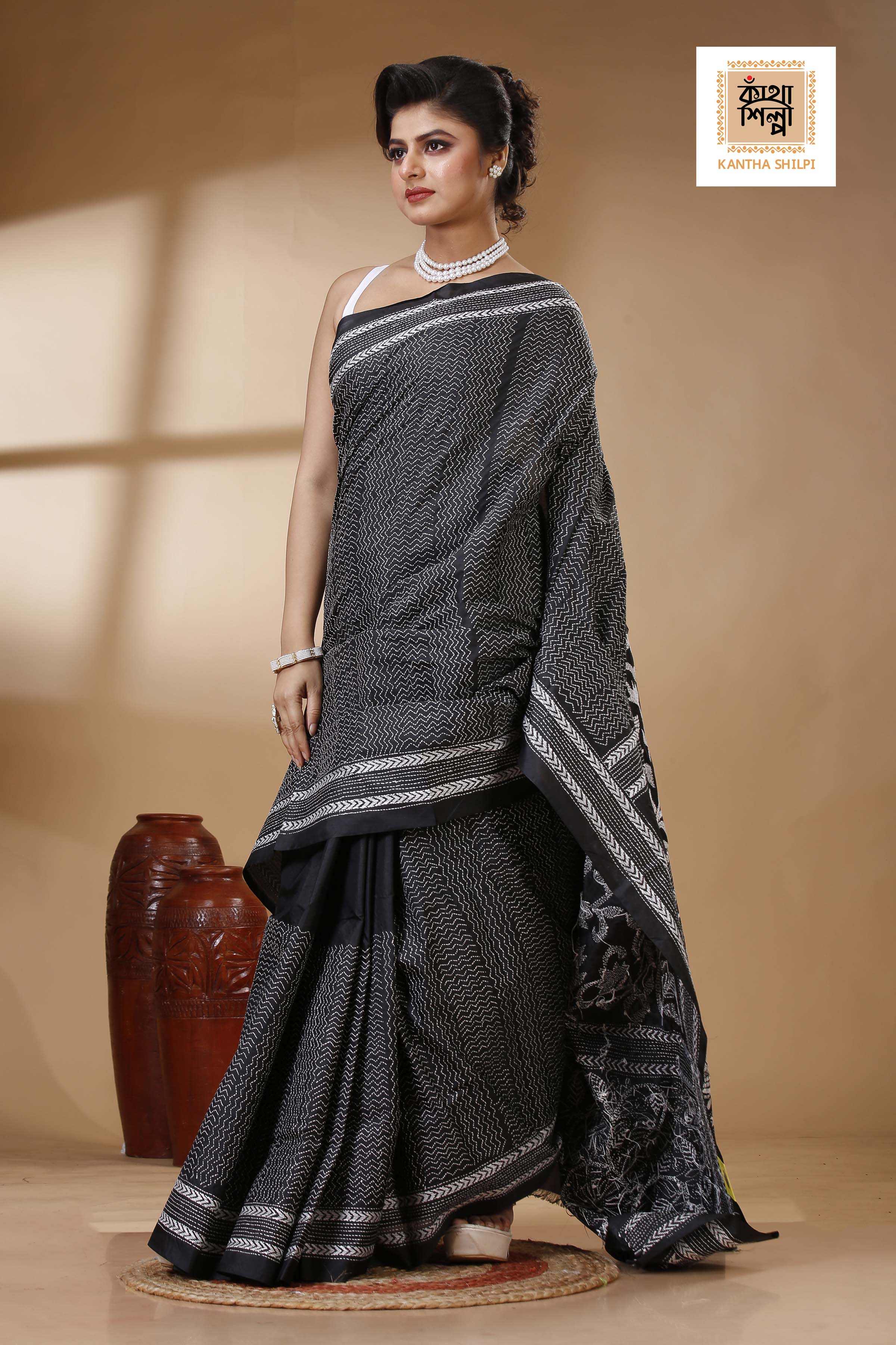 Black Color Bangalore Silk White color Thread Work Kantha Stitch Saree