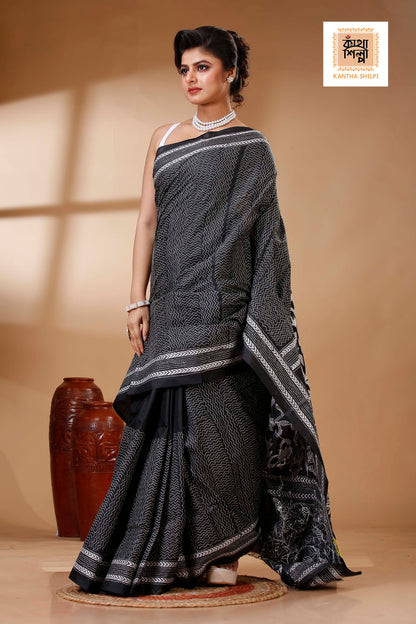 Black Color Bangalore Silk White color Thread Work Kantha Stitch Saree