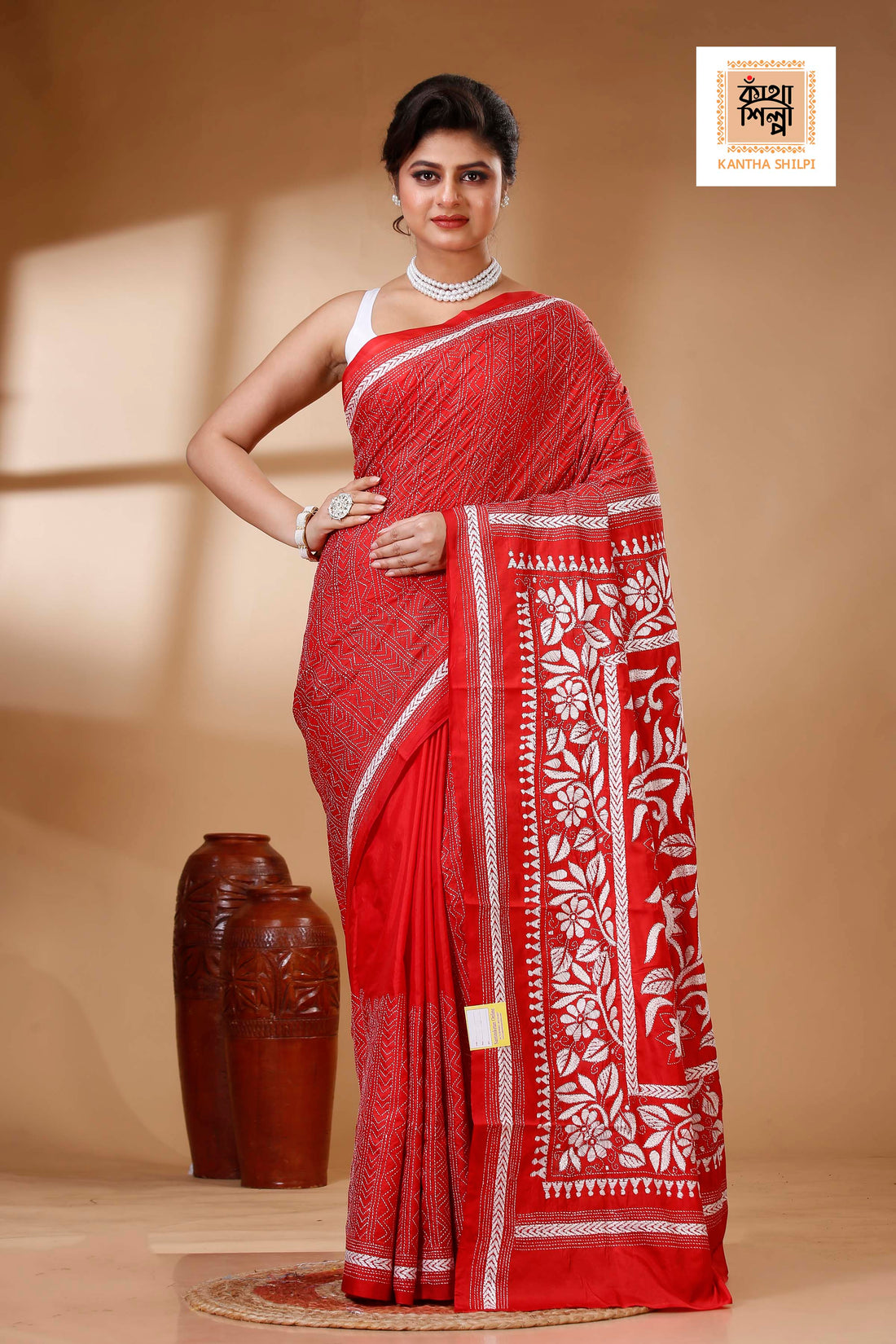 Red Color Bangalore Silk White color Thread Work Kantha Stitch Saree
