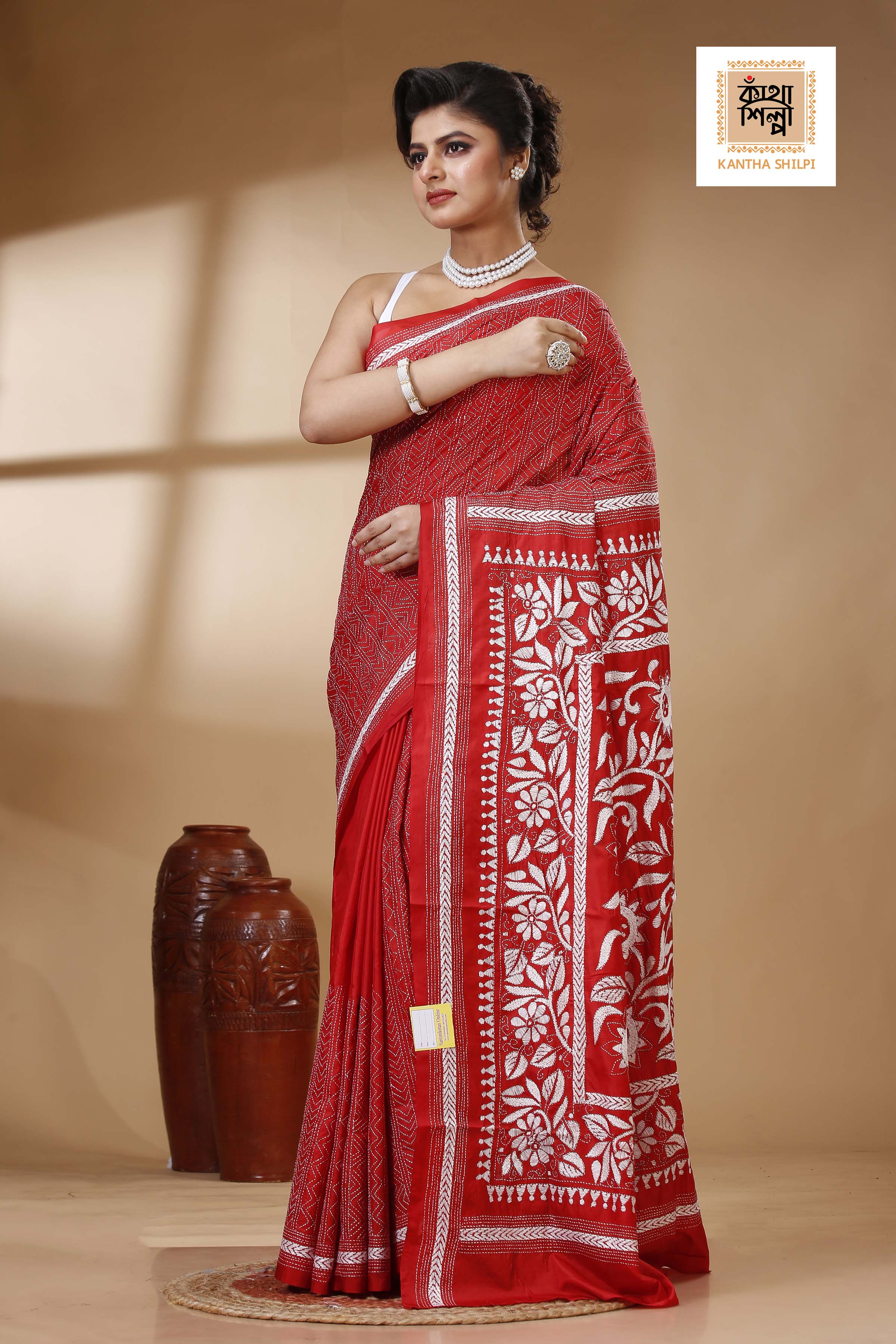 Red Color Bangalore Silk White color Thread Work Kantha Stitch Saree