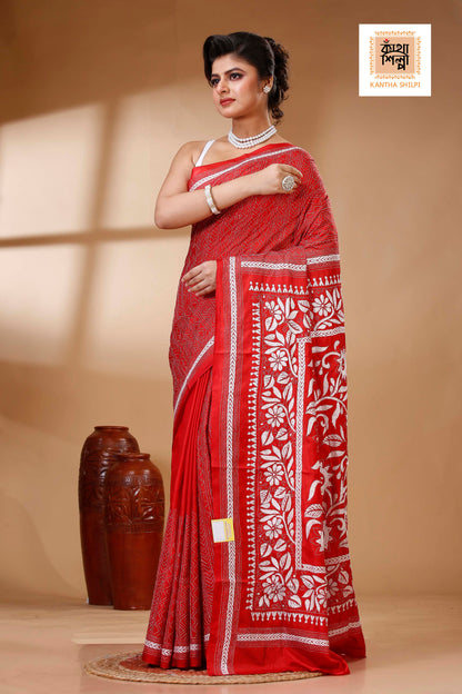 Red Color Bangalore Silk White color Thread Work Kantha Stitch Saree