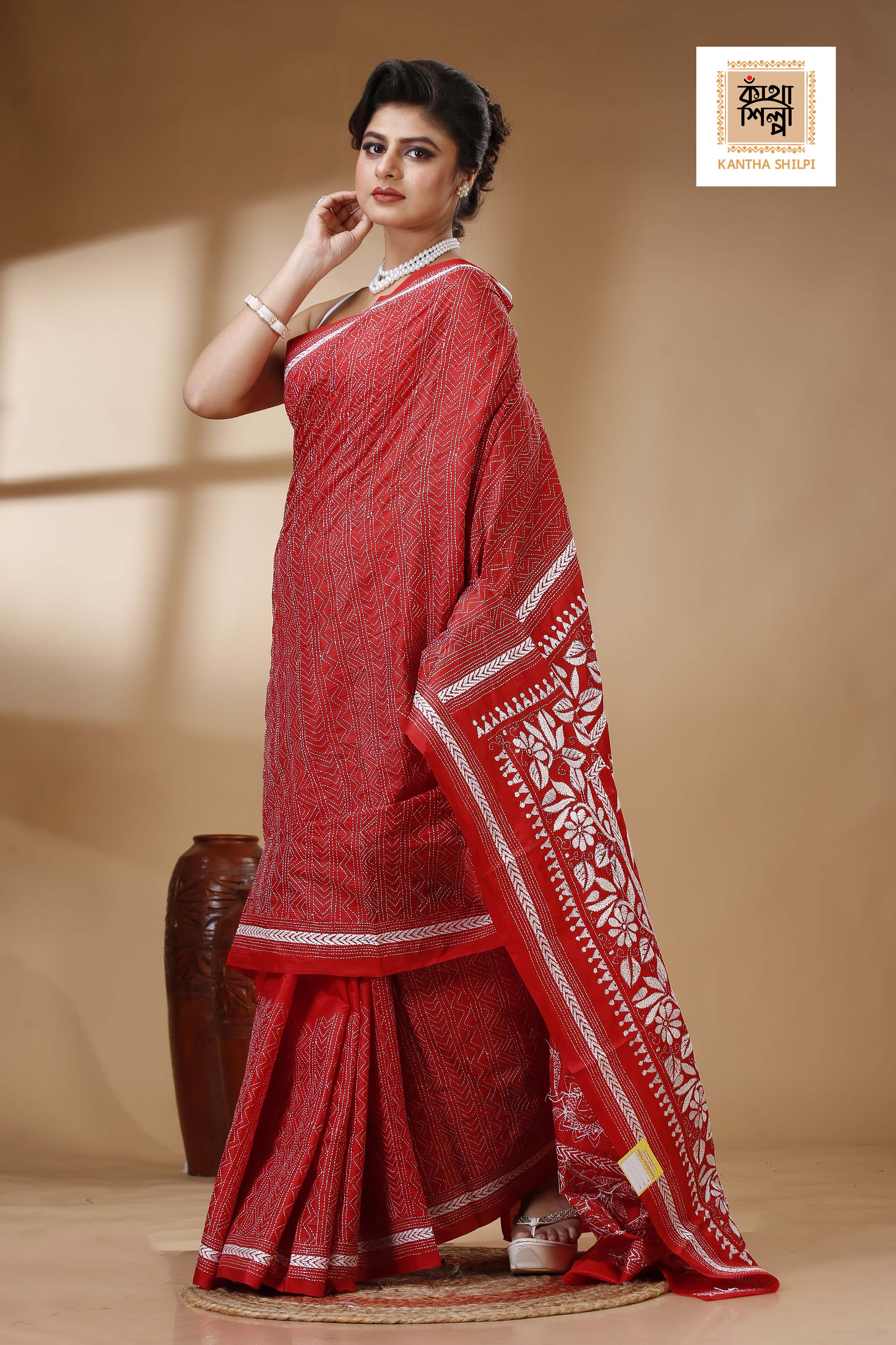 Red Color Bangalore Silk White color Thread Work Kantha Stitch Saree