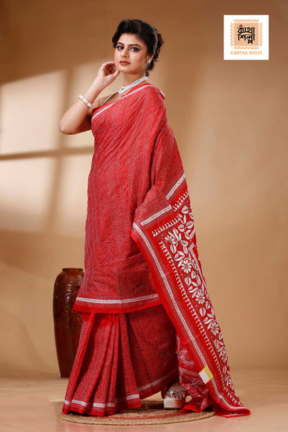 Red Color Bangalore Silk White color Thread Work Kantha Stitch Saree