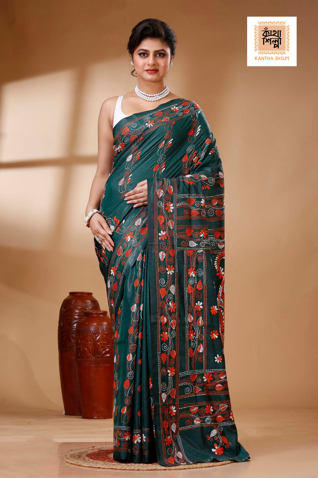 Dark Green Color Bangalore Silk Multicolor Thread Work Kantha Stitch Saree