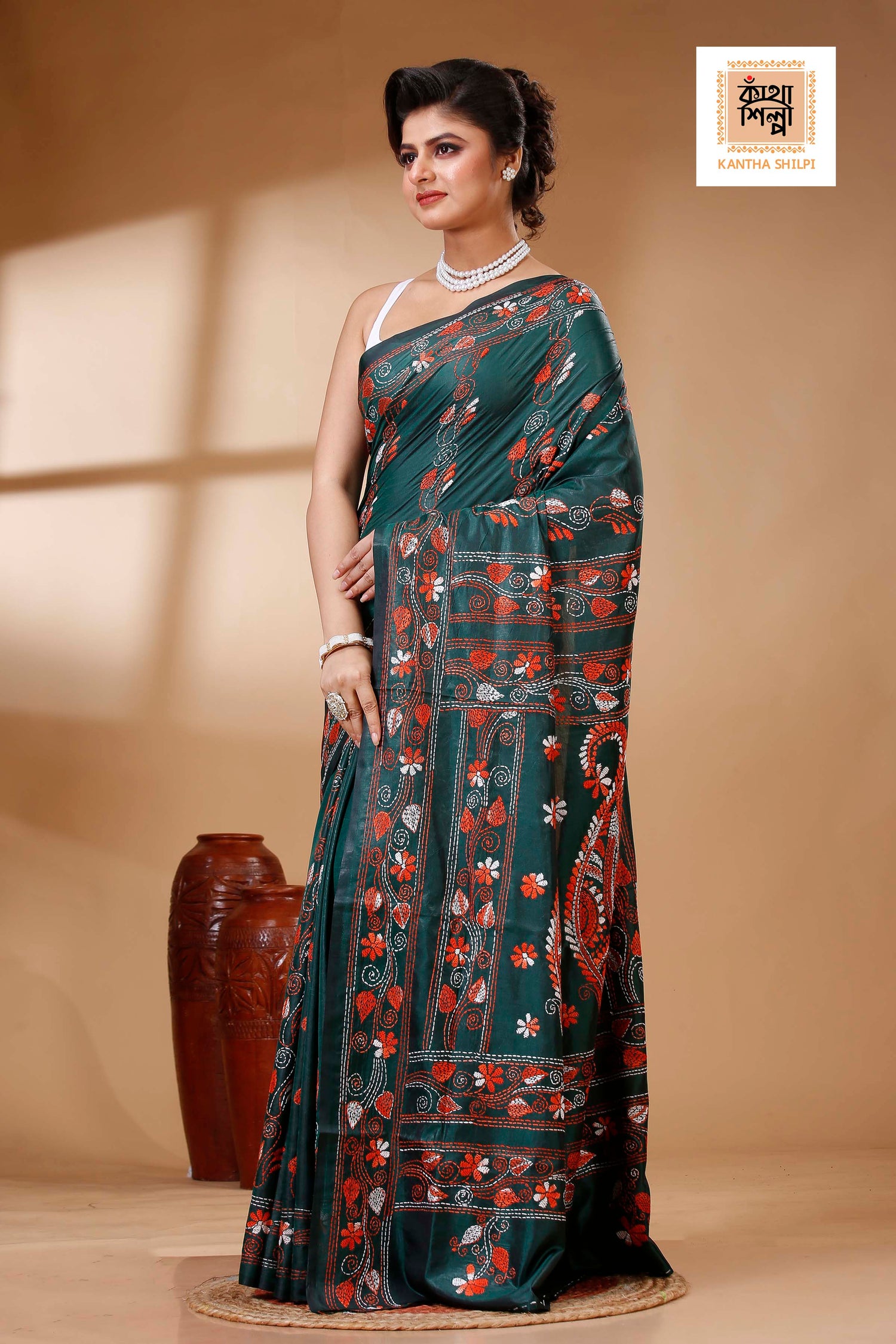 Dark Green Color Bangalore Silk Multicolor Thread Work Kantha Stitch Saree