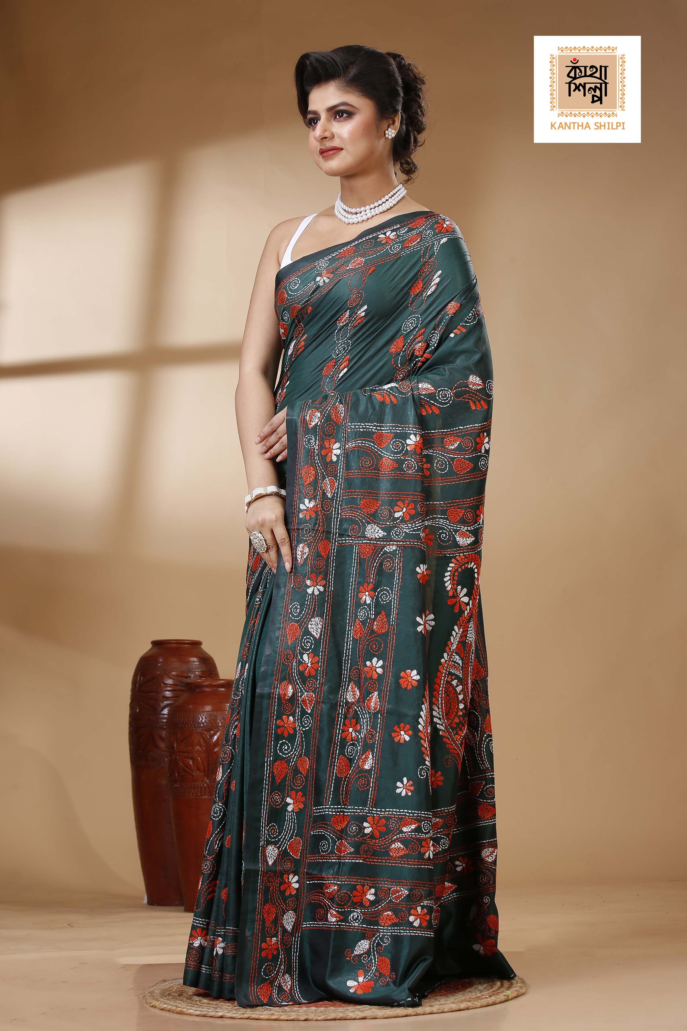 Dark Green Color Bangalore Silk Multicolor Thread Work Kantha Stitch Saree