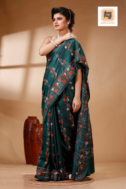 Dark Green Color Bangalore Silk Multicolor Thread Work Kantha Stitch Saree