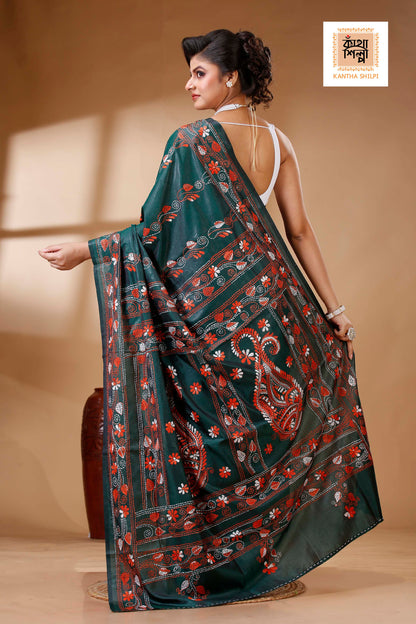 Dark Green Color Bangalore Silk Multicolor Thread Work Kantha Stitch Saree
