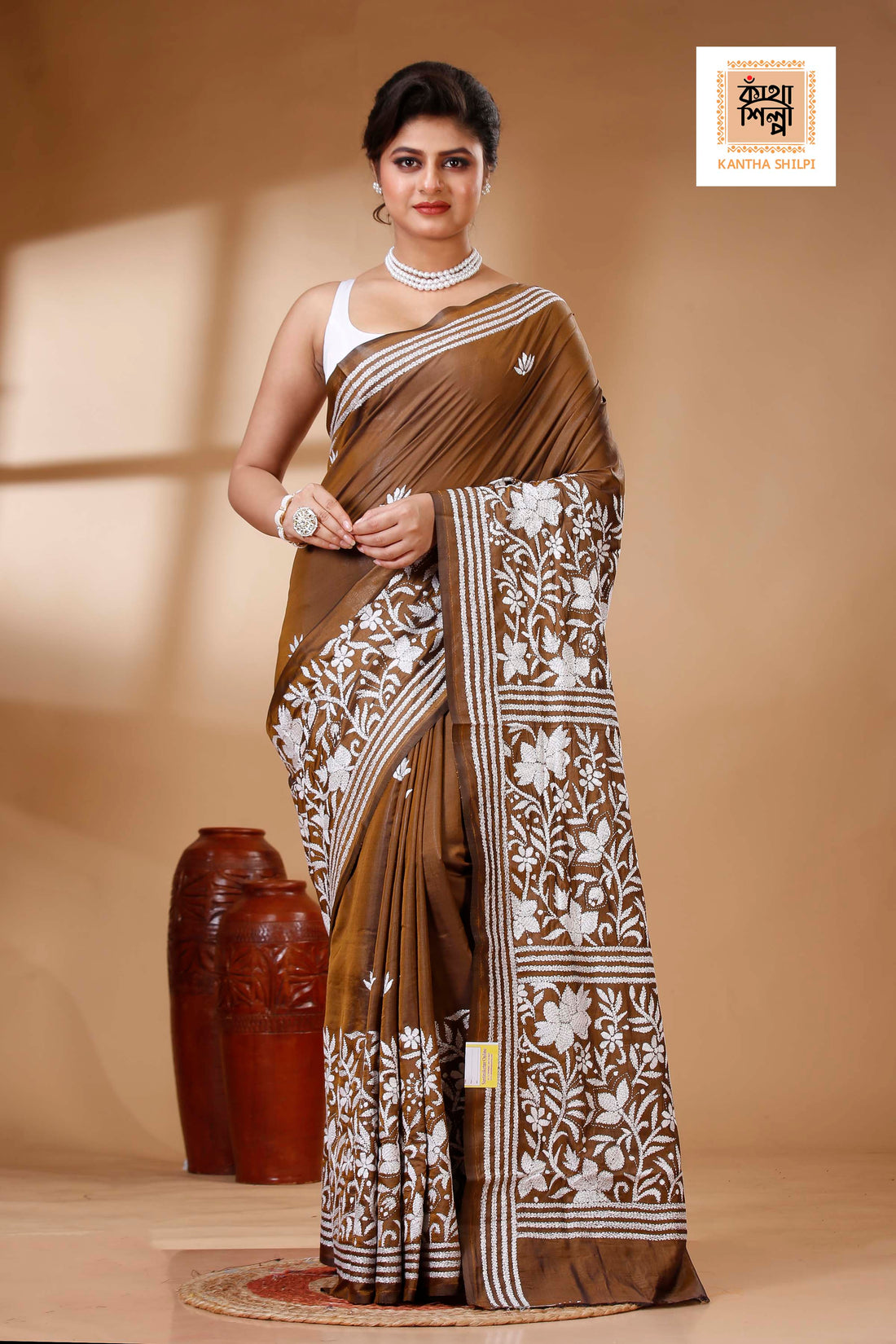 Brown Color Bangalore Silk White color Thread Work Kantha Stitch Saree
