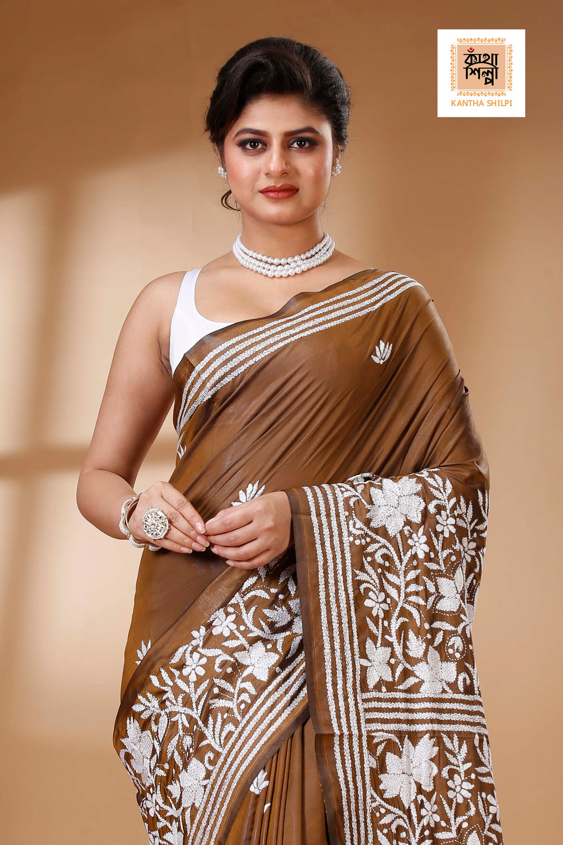 Brown Color Bangalore Silk White color Thread Work Kantha Stitch Saree