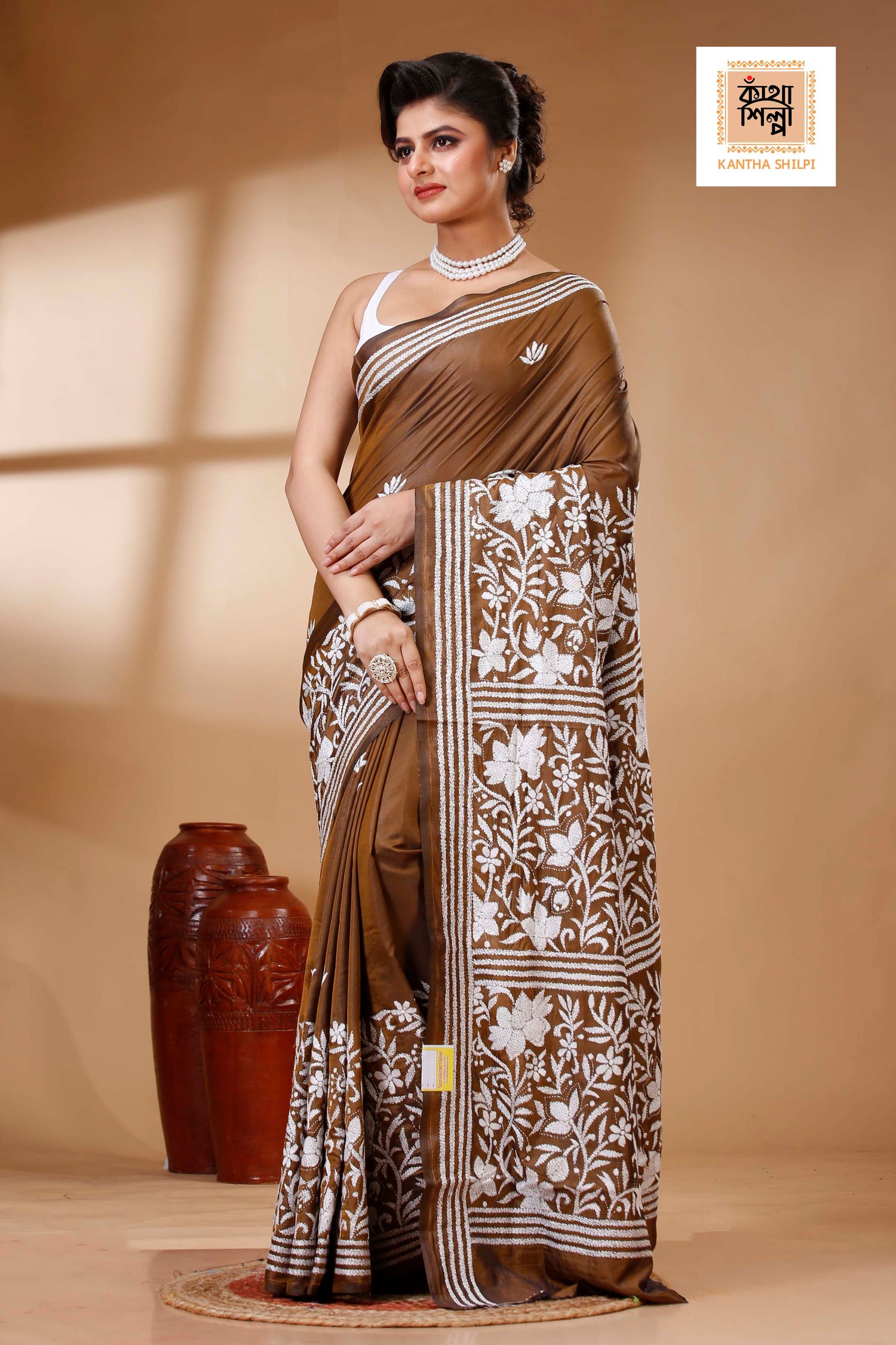 Brown Color Bangalore Silk White color Thread Work Kantha Stitch Saree