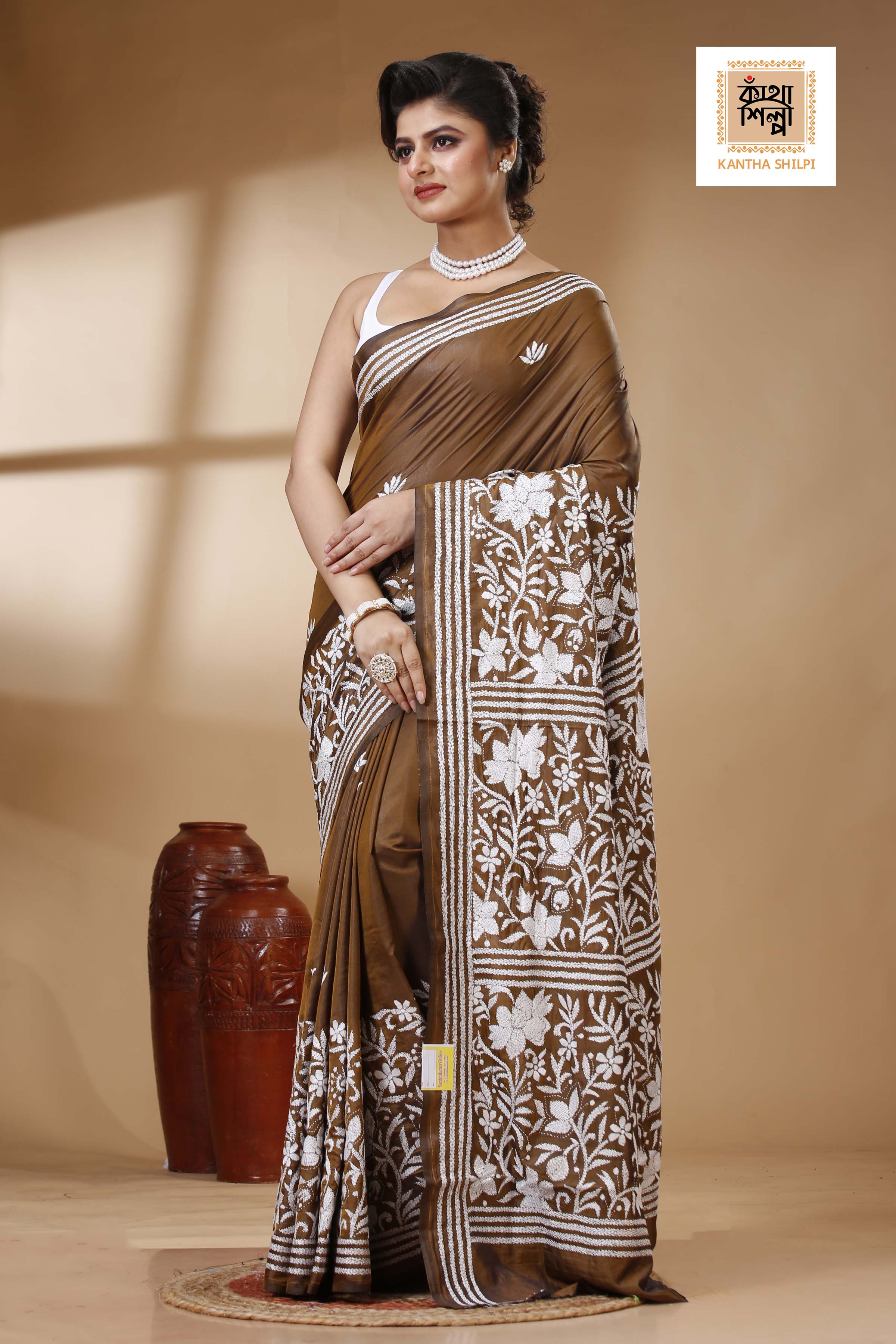 Brown Color Bangalore Silk White color Thread Work Kantha Stitch Saree