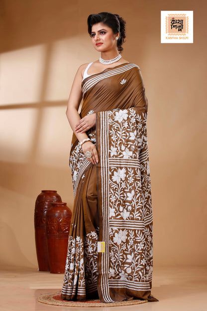 Brown Color Bangalore Silk White color Thread Work Kantha Stitch Saree