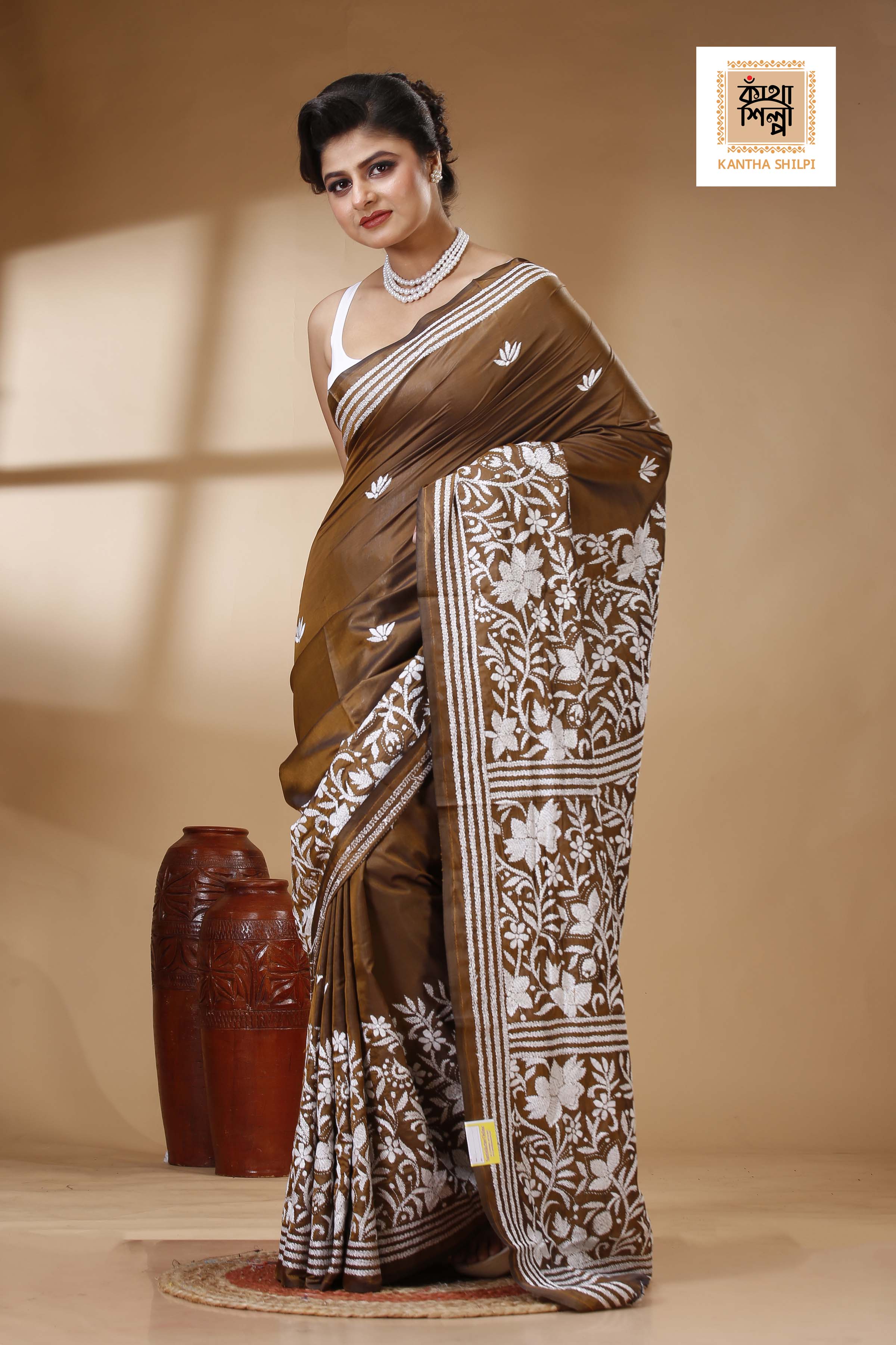 Brown Color Bangalore Silk White color Thread Work Kantha Stitch Saree