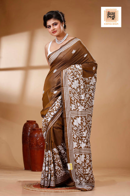 Brown Color Bangalore Silk White color Thread Work Kantha Stitch Saree