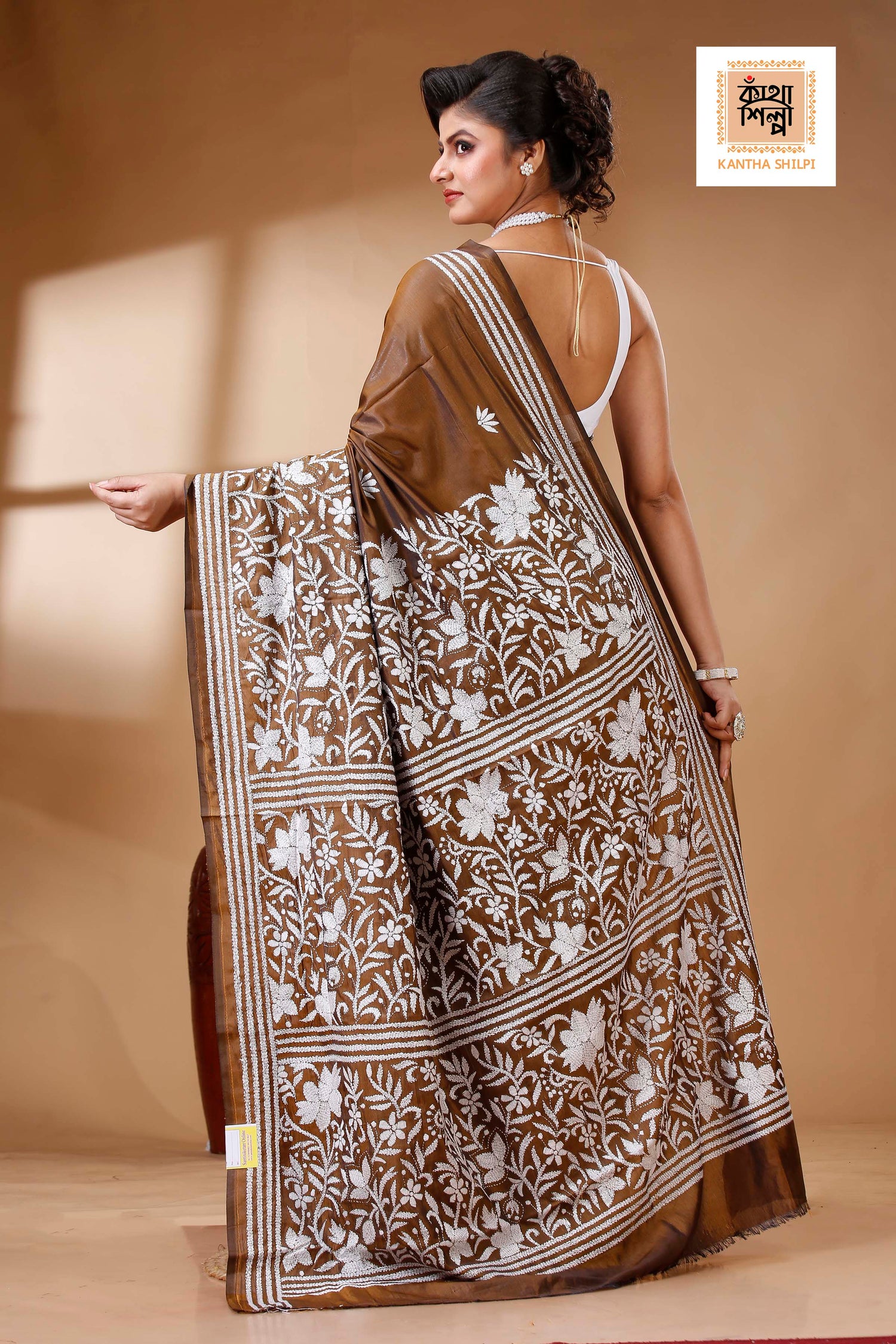 Brown Color Bangalore Silk White color Thread Work Kantha Stitch Saree
