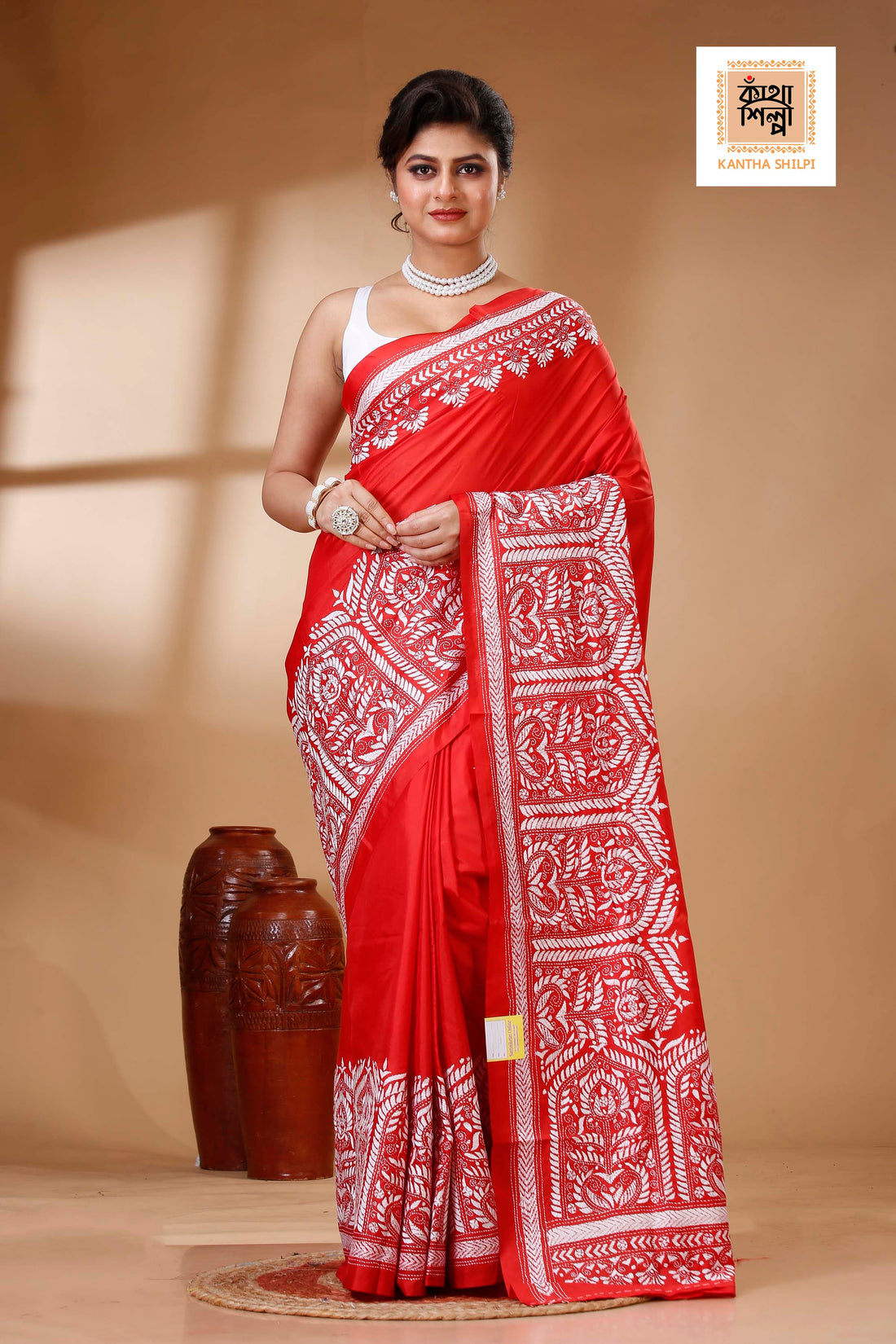 Red Color Bangalore Silk White color Thread Work Kantha Stitch Saree