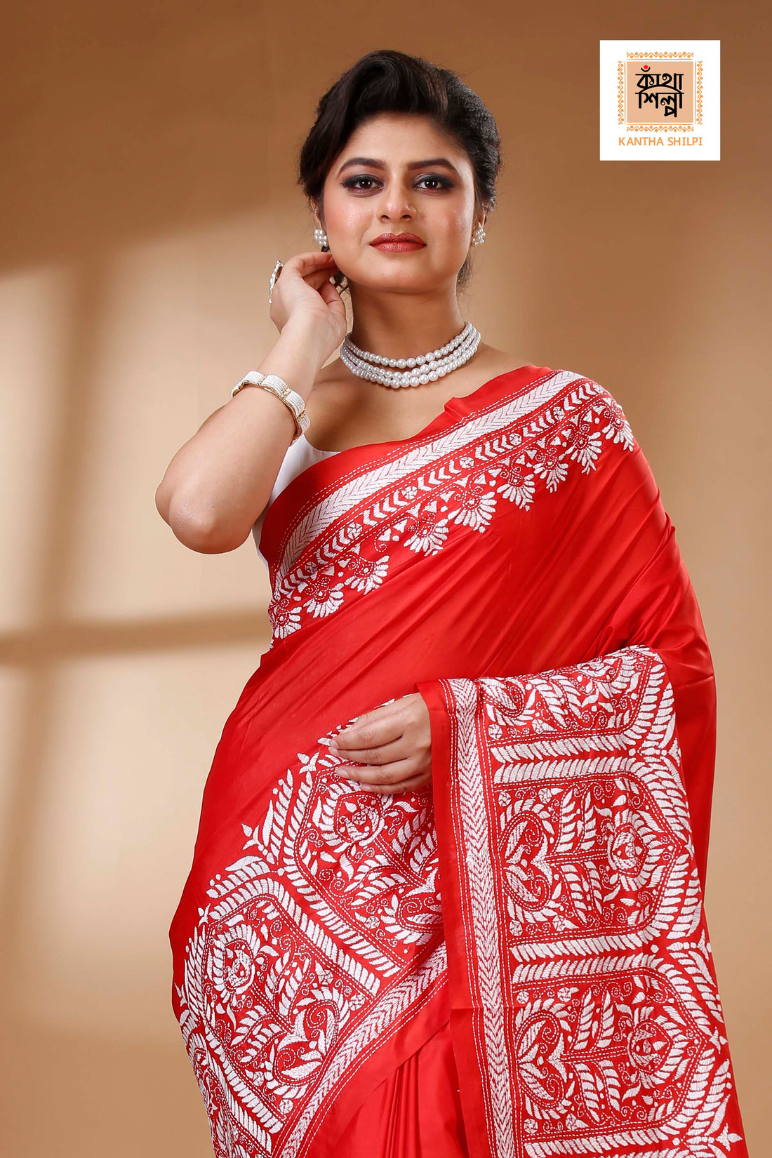 Red Color Bangalore Silk White color Thread Work Kantha Stitch Saree