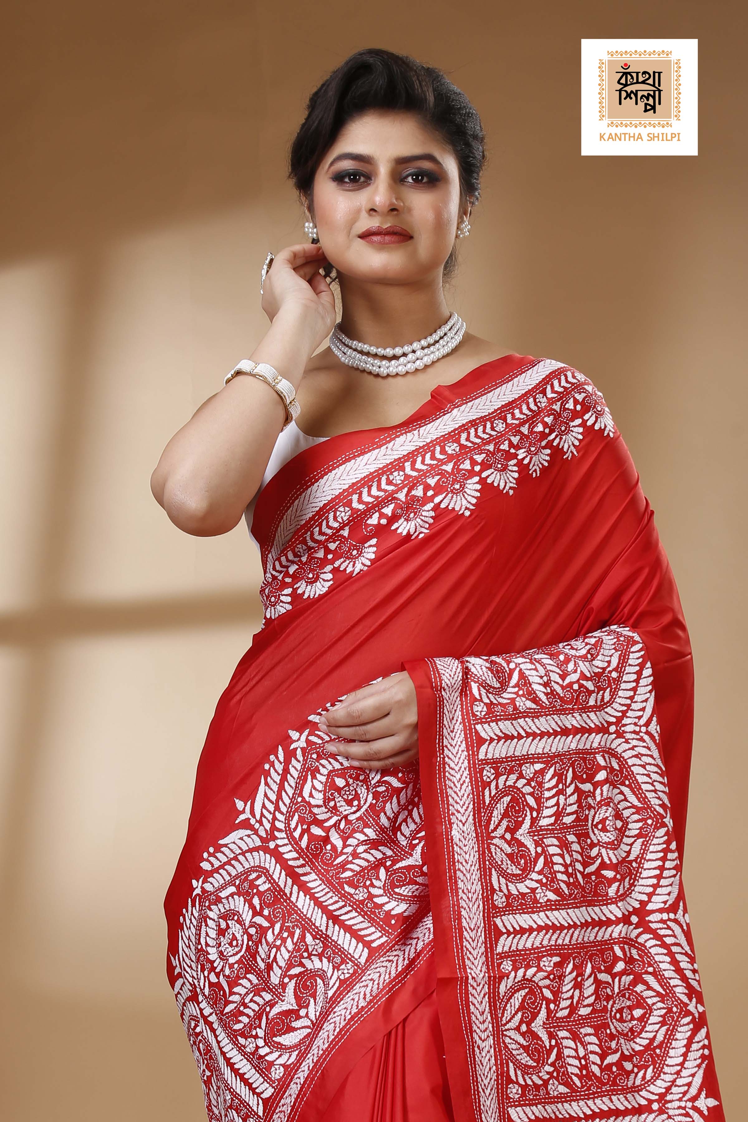 Red Color Bangalore Silk White color Thread Work Kantha Stitch Saree