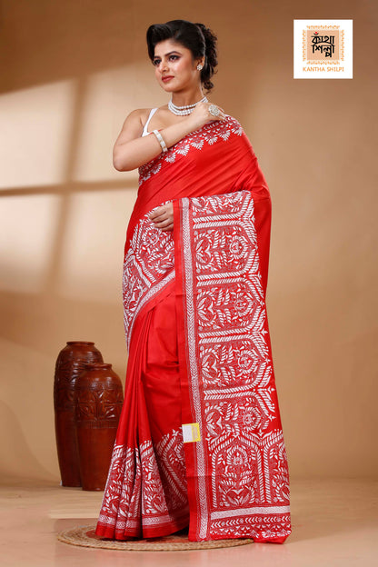 Red Color Bangalore Silk White color Thread Work Kantha Stitch Saree