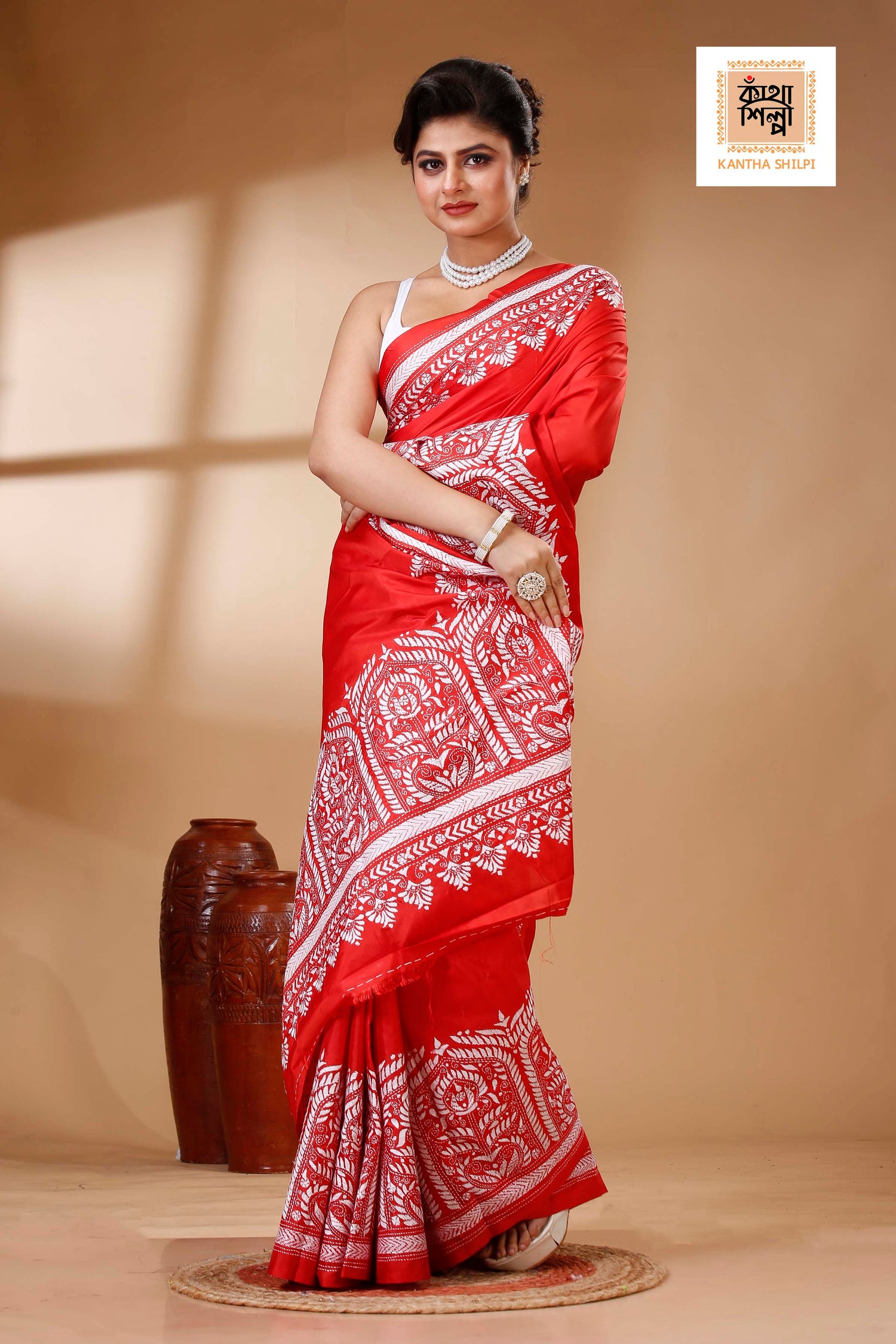 Red Color Bangalore Silk White color Thread Work Kantha Stitch Saree