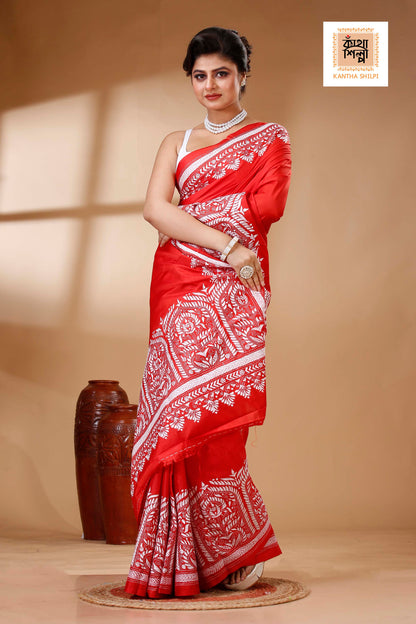 Red Color Bangalore Silk White color Thread Work Kantha Stitch Saree