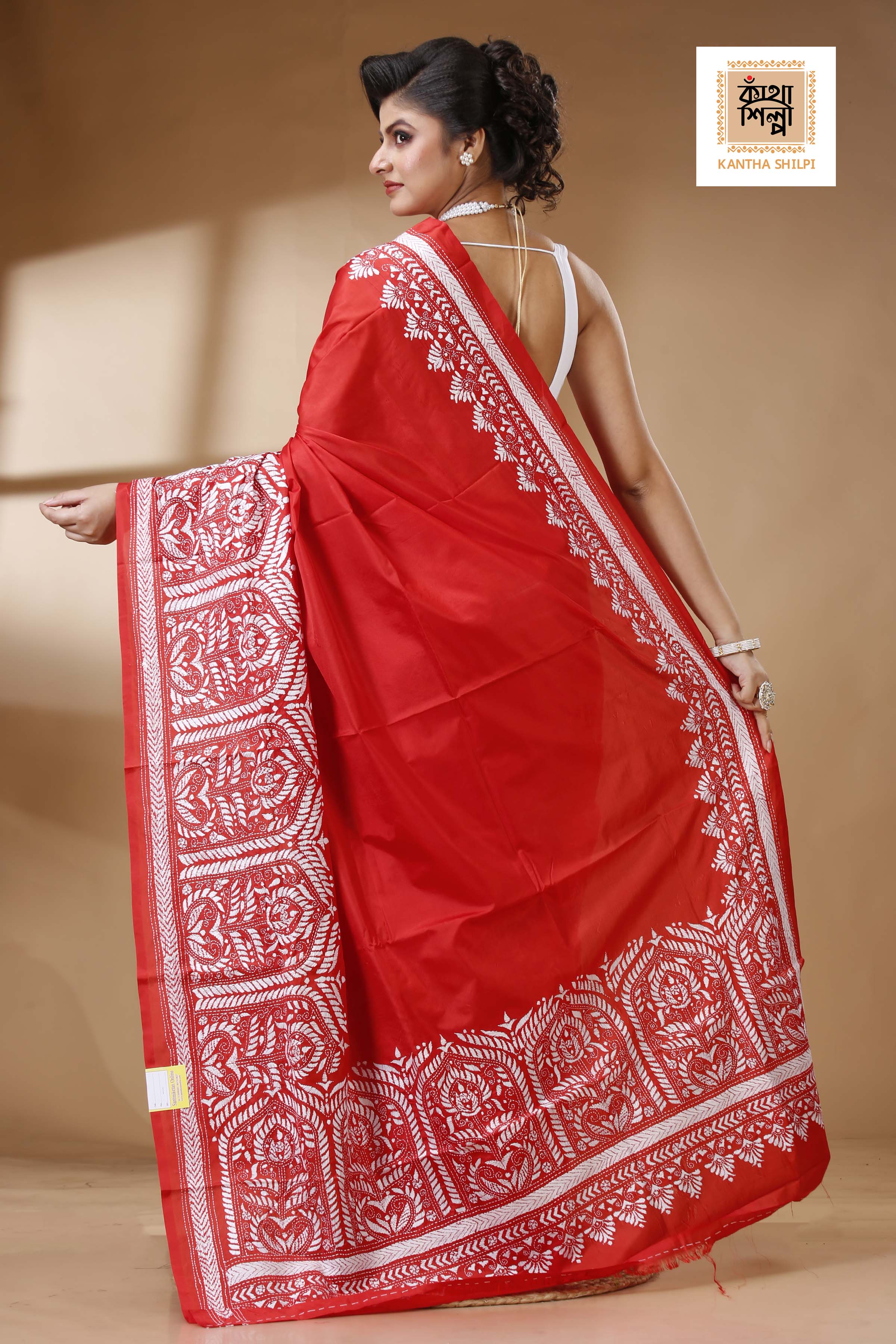 Red Color Bangalore Silk White color Thread Work Kantha Stitch Saree
