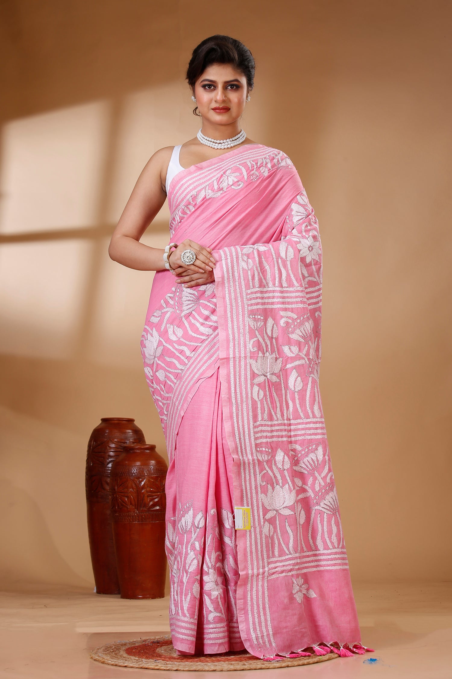 Pink Color Pure Cotton with White Thread Work Kantha Stitch Saree