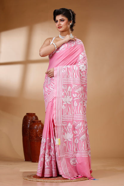 Pink Color Pure Cotton with White Thread Work Kantha Stitch Saree