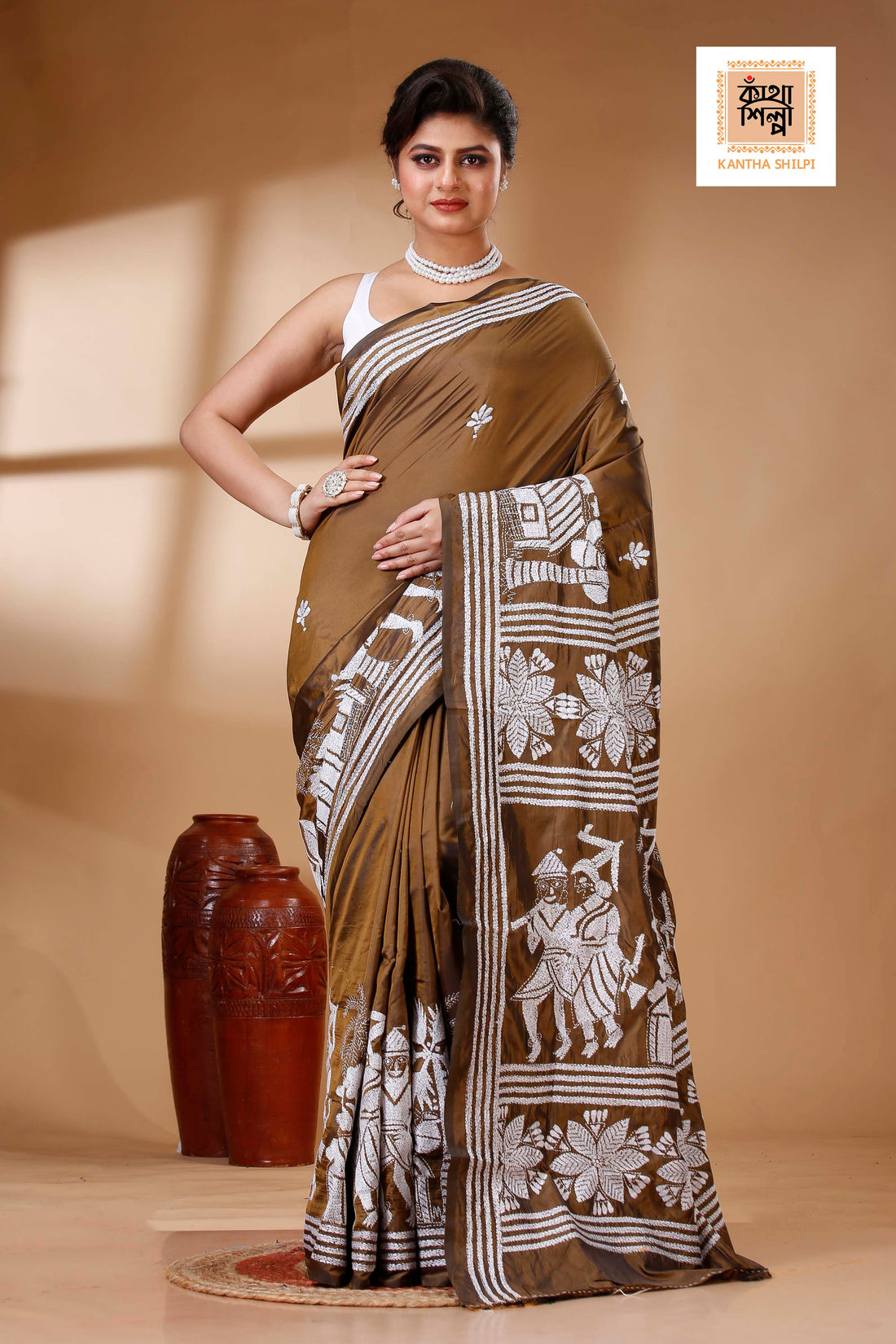 Brown Color Bangalore Silk White color Thread Work Kantha Stitch Saree