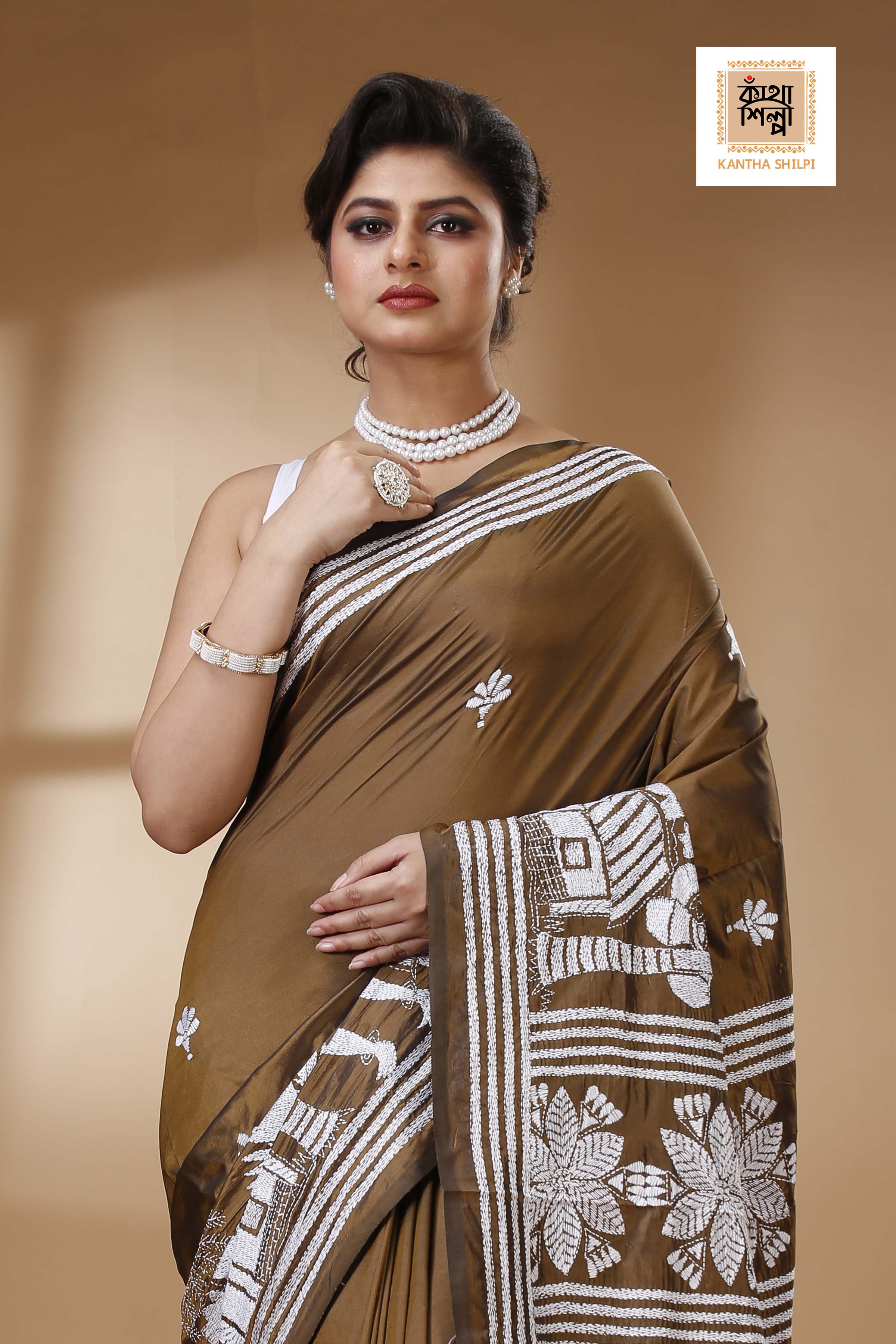 Brown Color Bangalore Silk White color Thread Work Kantha Stitch Saree