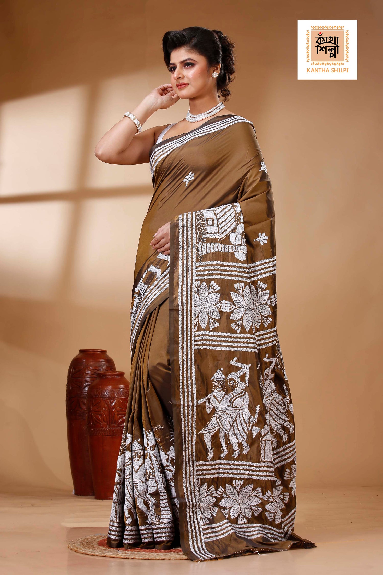 Brown Color Bangalore Silk White color Thread Work Kantha Stitch Saree
