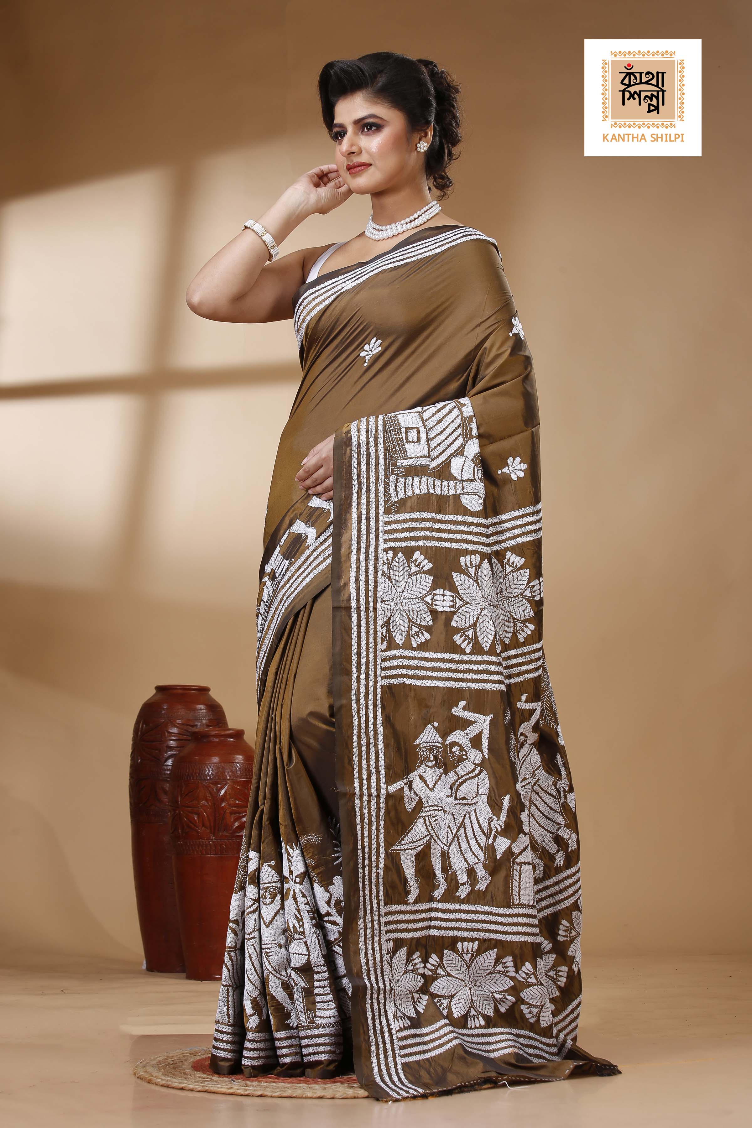 Brown Color Bangalore Silk White color Thread Work Kantha Stitch Saree