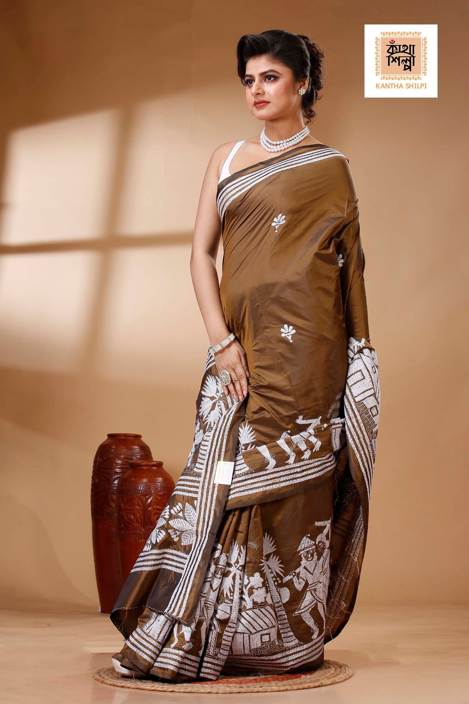 Brown Color Bangalore Silk White color Thread Work Kantha Stitch Saree