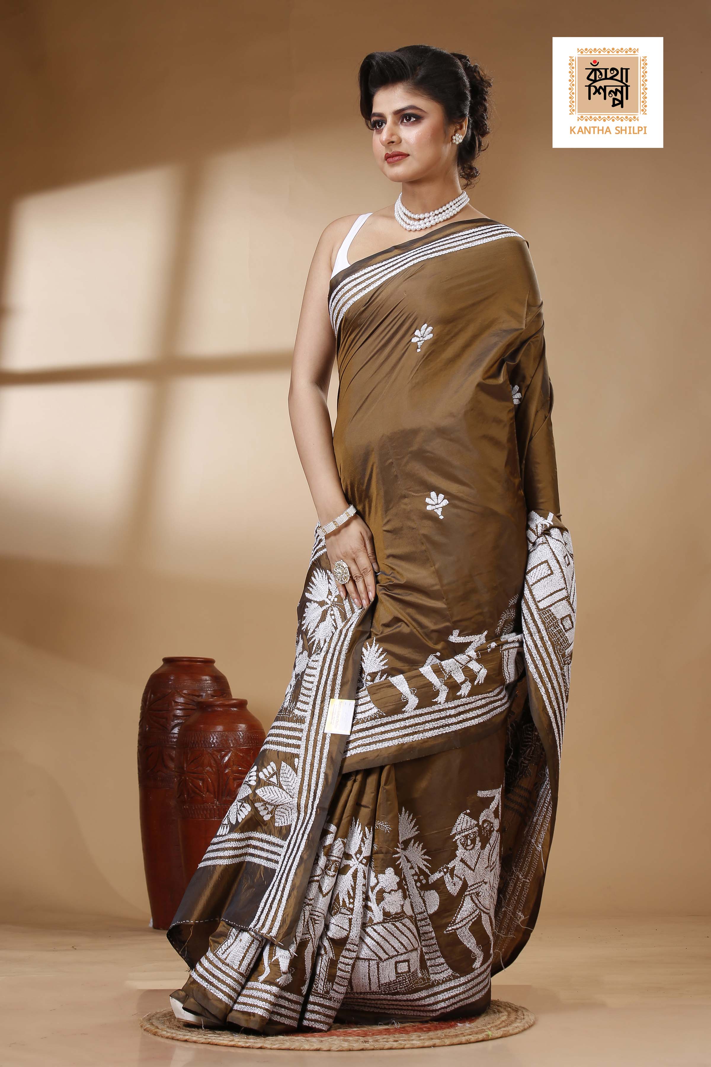 Brown Color Bangalore Silk White color Thread Work Kantha Stitch Saree
