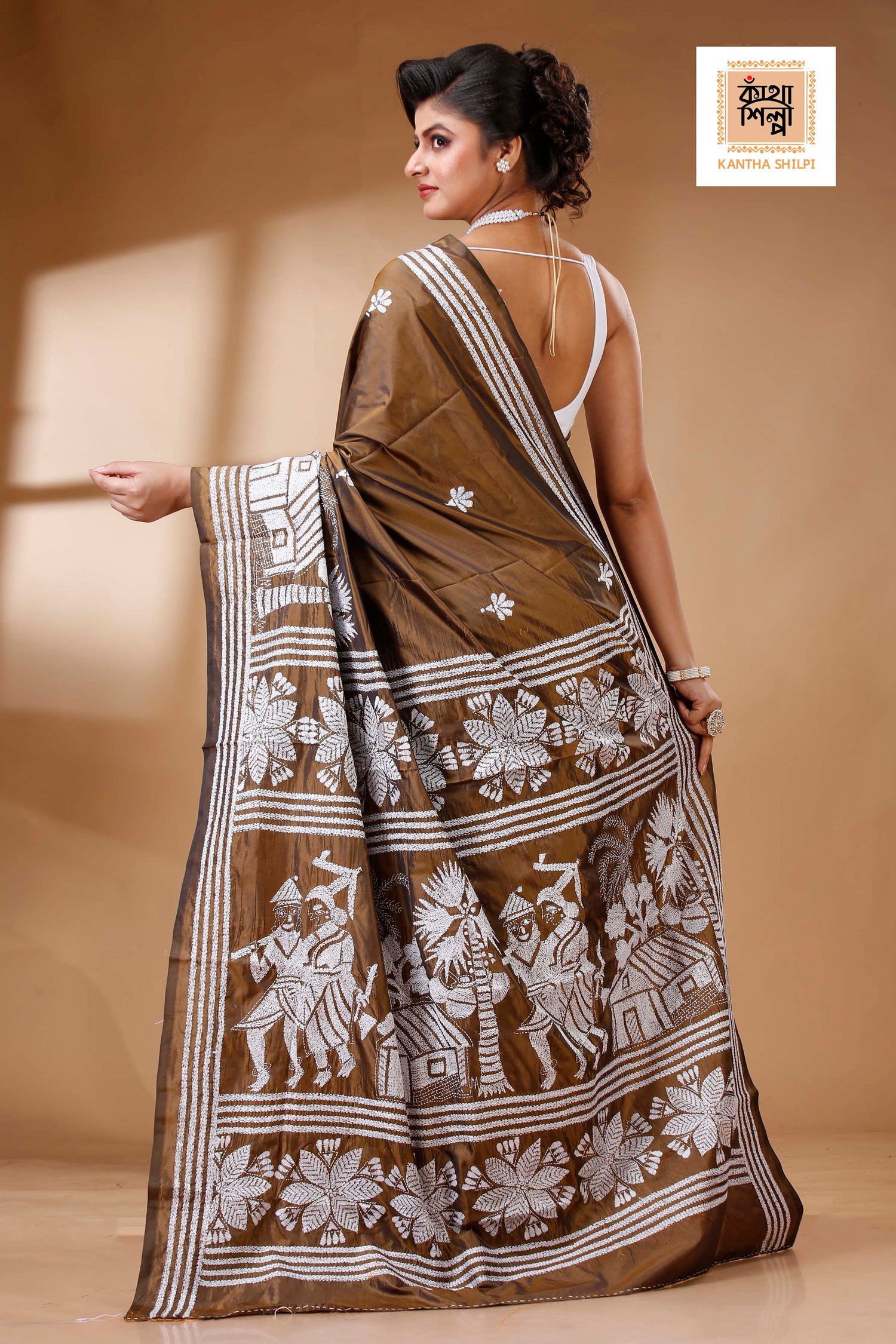 Brown Color Bangalore Silk White color Thread Work Kantha Stitch Saree