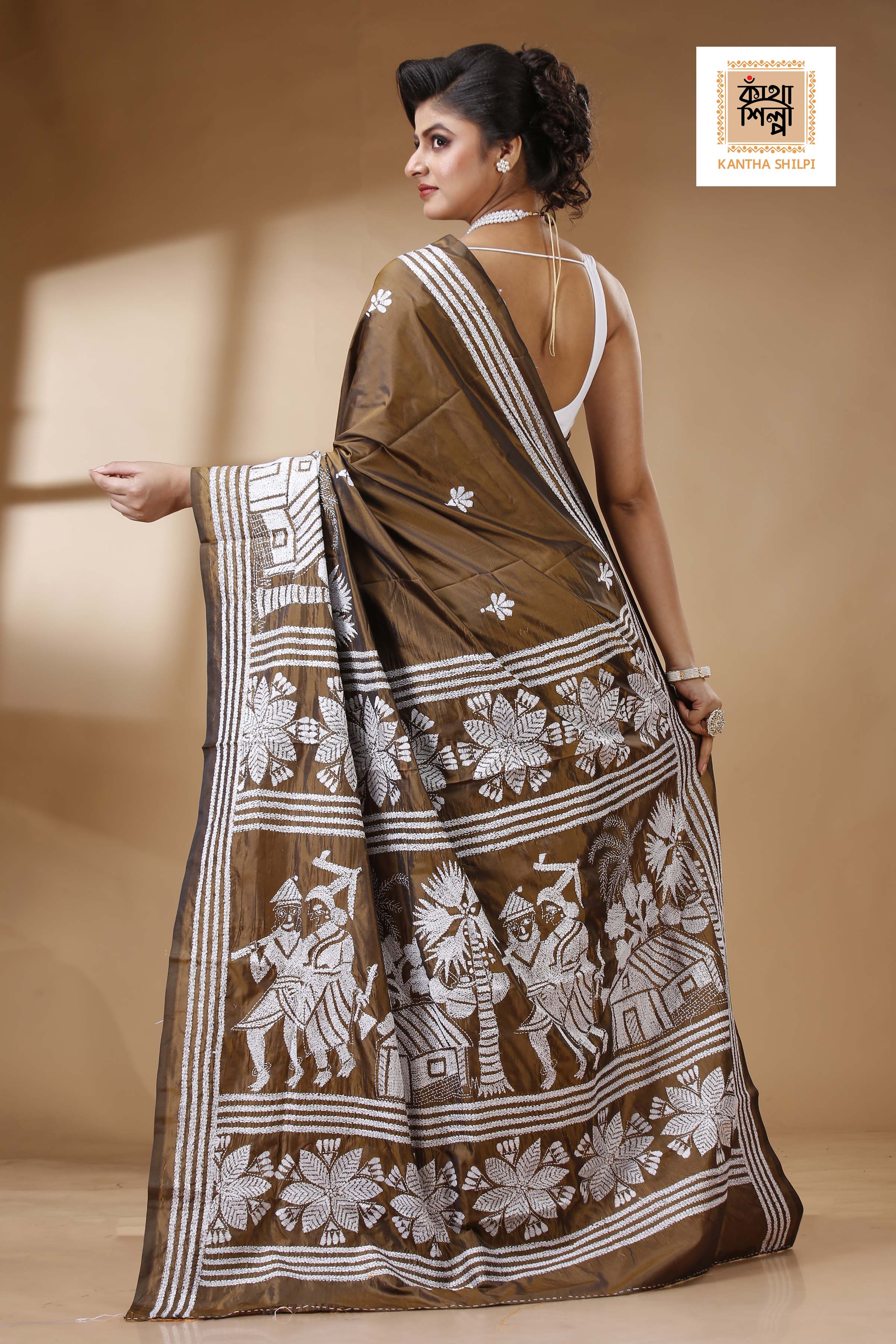 Brown Color Bangalore Silk White color Thread Work Kantha Stitch Saree