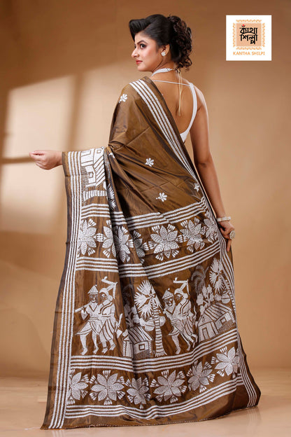 Brown Color Bangalore Silk White color Thread Work Kantha Stitch Saree