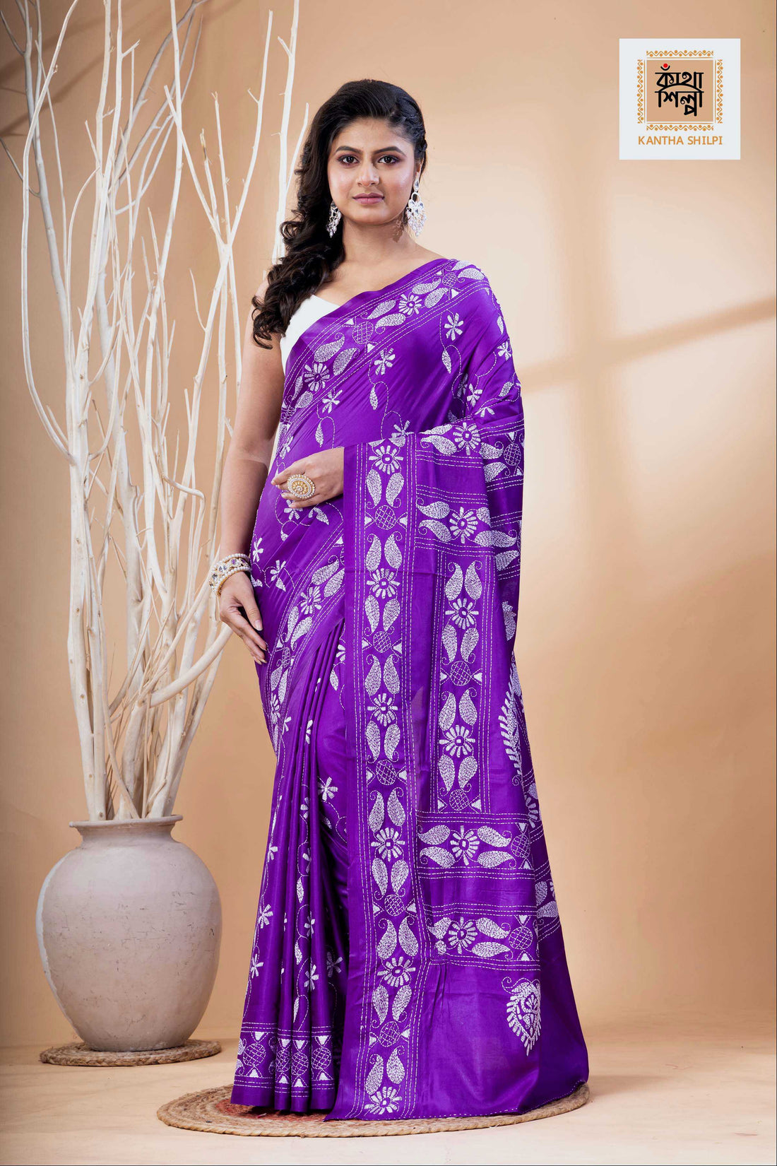 Violet Color Bangalore Silk White Color Thread Work Kantha Stitch Saree