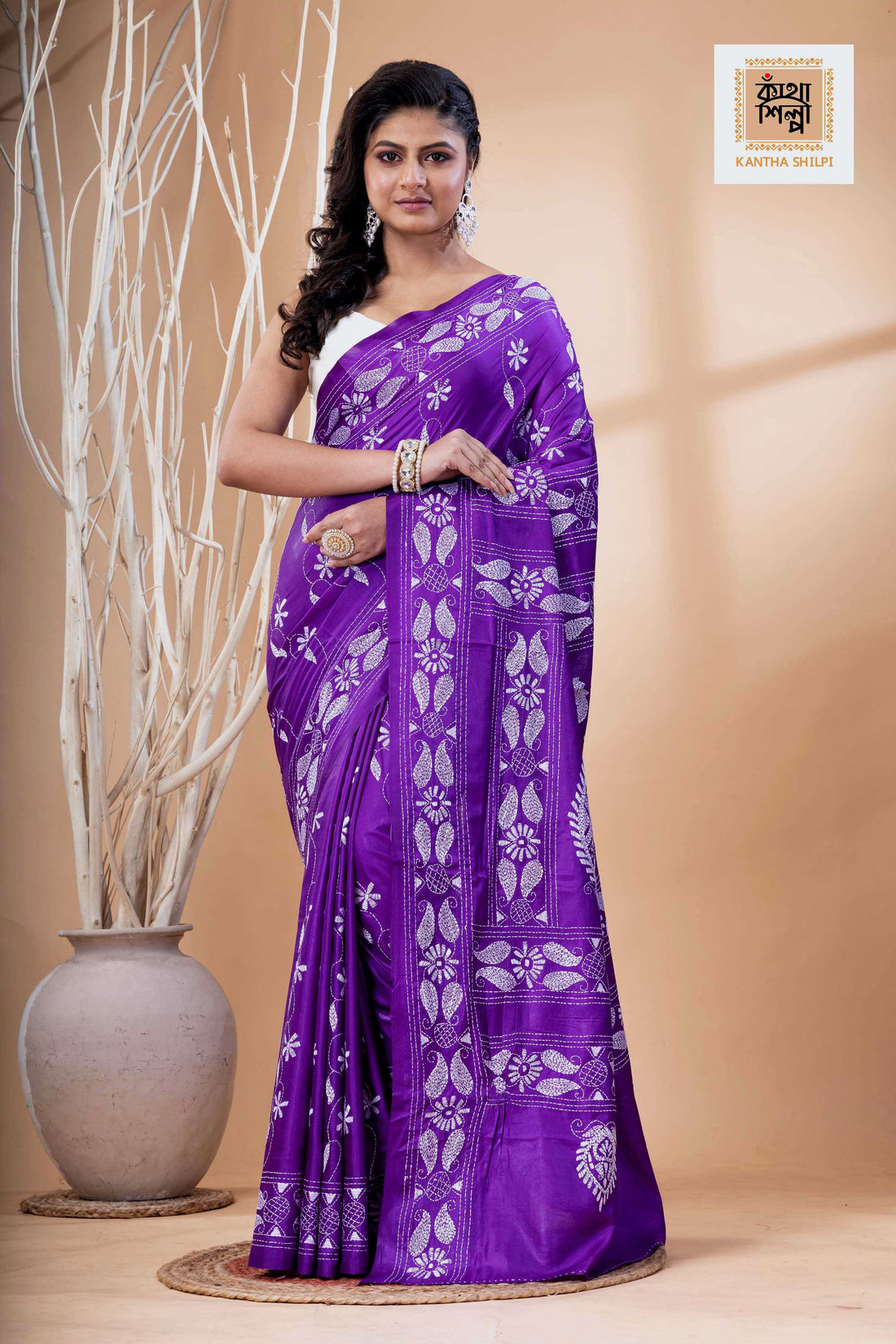 Violet Color Bangalore Silk White Color Thread Work Kantha Stitch Saree