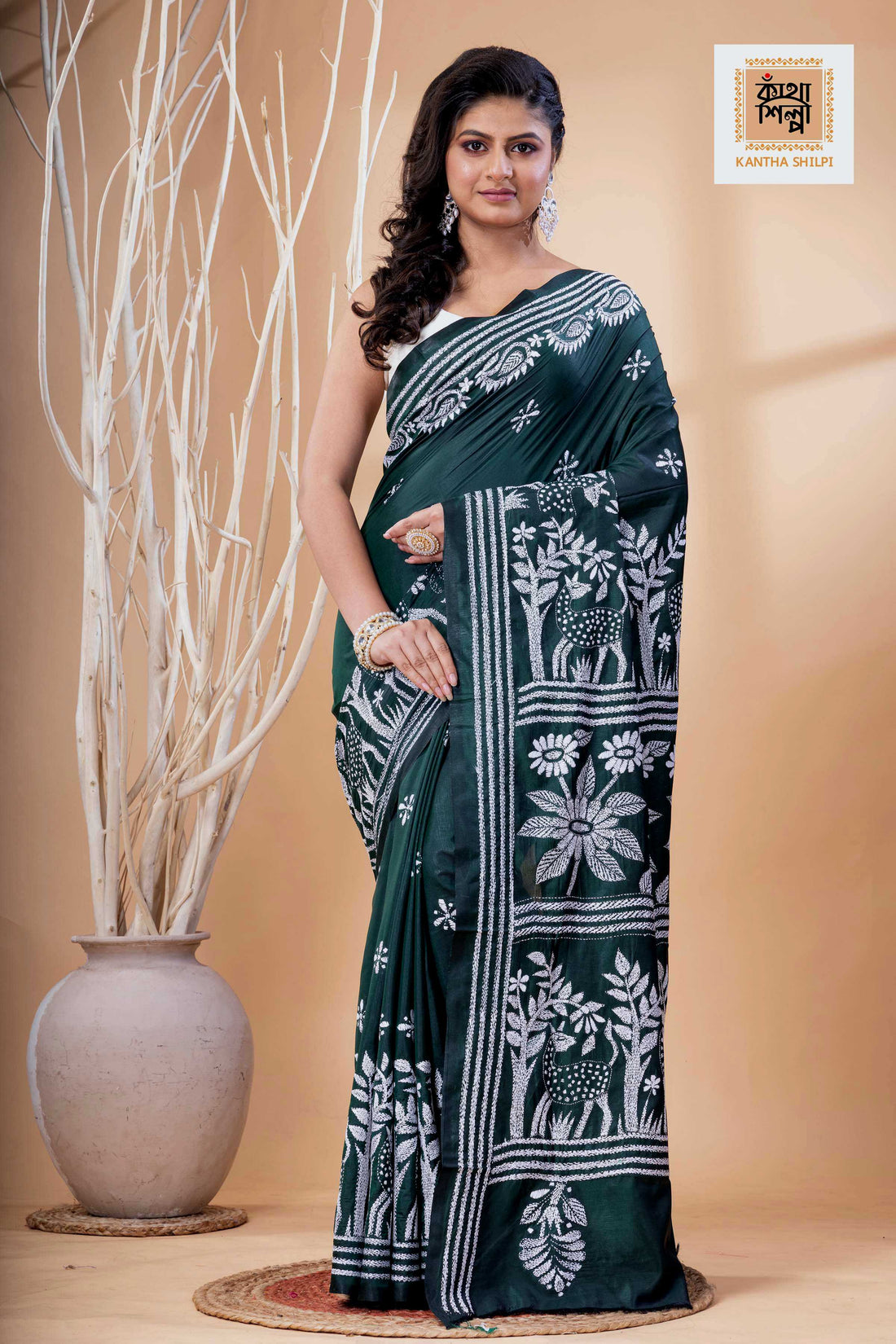 Dark Green Color Bangalore Silk White Color Thread Work Kantha Stitch Saree