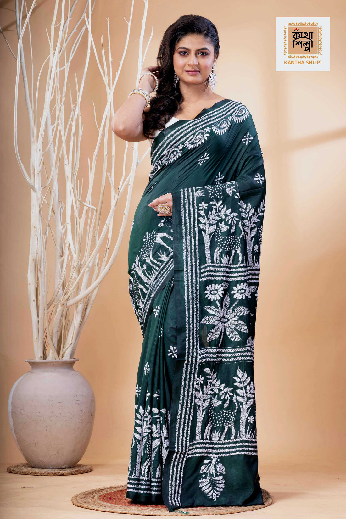 Dark Green Color Bangalore Silk White Color Thread Work Kantha Stitch Saree